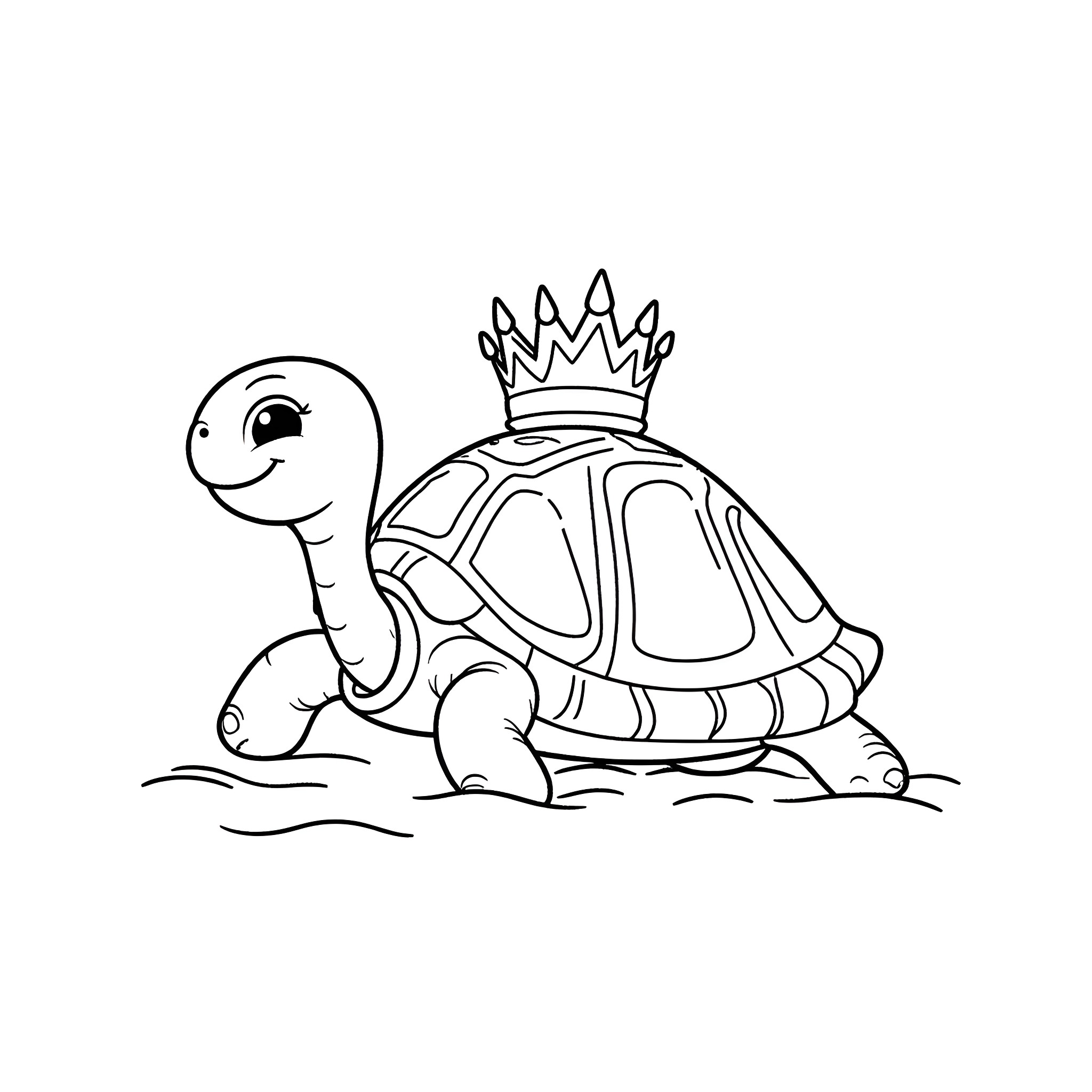 Turtle wearing a crown in the wild Coloring Page (free black-and-white line drawing printable PDF for all, from beginners to advanced learners, including children, teens, adults, and seniors)
