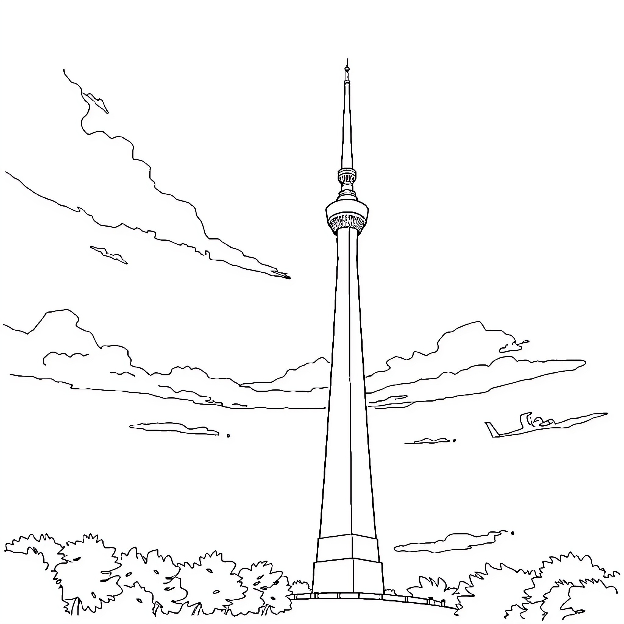 Tower reaching into the cloudy sky Coloring Page (free black-and-white line drawing printable PDF for all, from beginners to advanced learners, including children, teens, adults, and seniors)