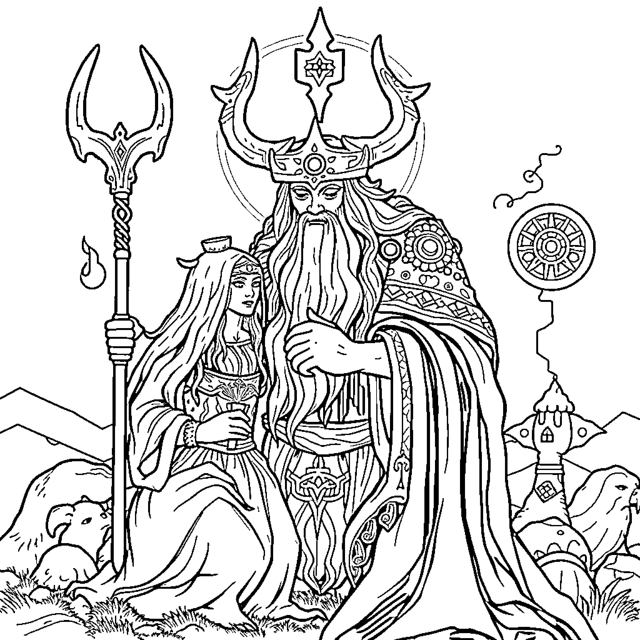 Norse Pagan Chieftain and Maiden in Ornate Regalia Coloring Page (free black-and-white line drawing printable PDF for all, from beginners to advanced learners, including children, teens, adults, and seniors)