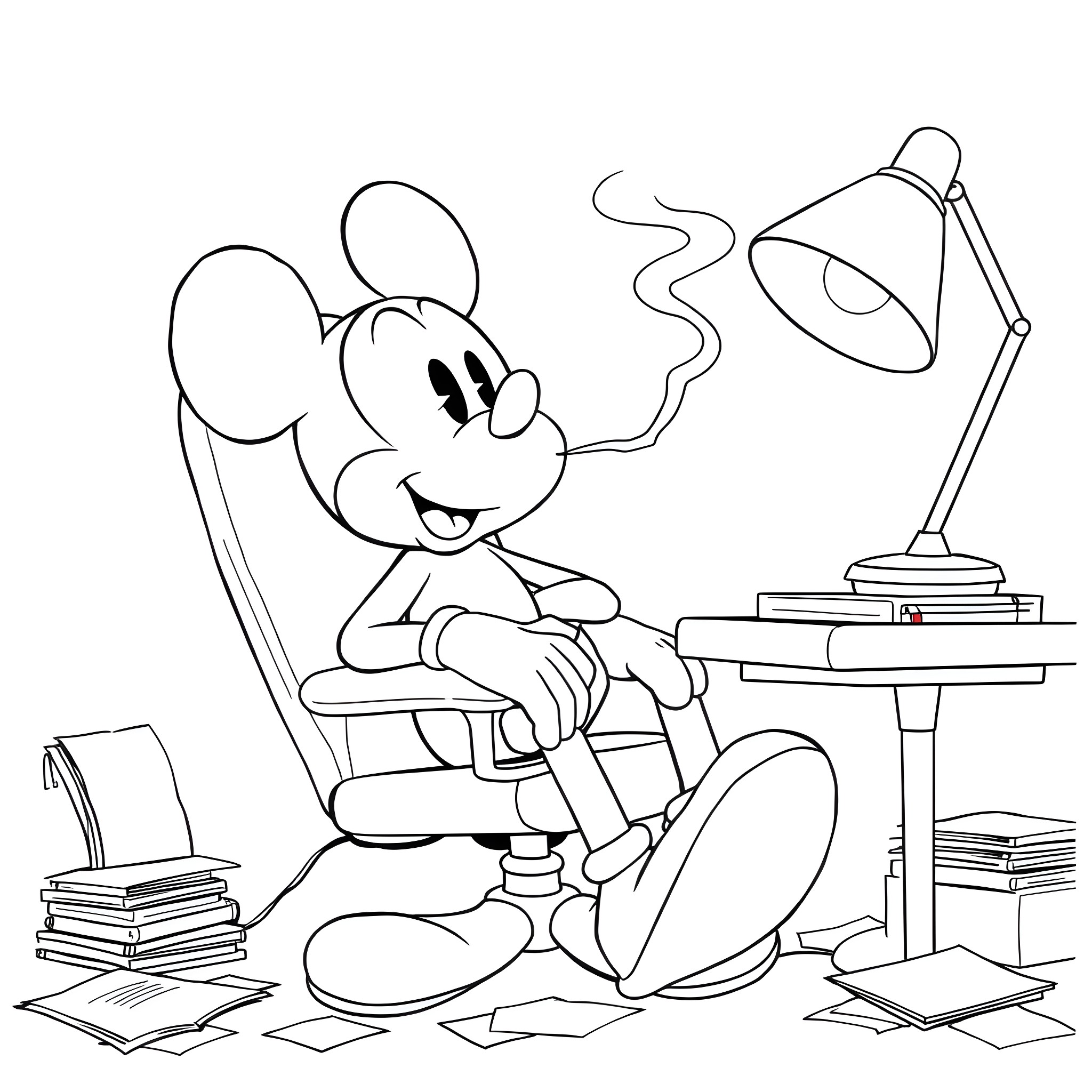 Mickey Mouse studying at desk with books and lamp Coloring Page (free black-and-white line drawing printable PDF for all, from beginners to advanced learners, including children, teens, adults, and seniors)