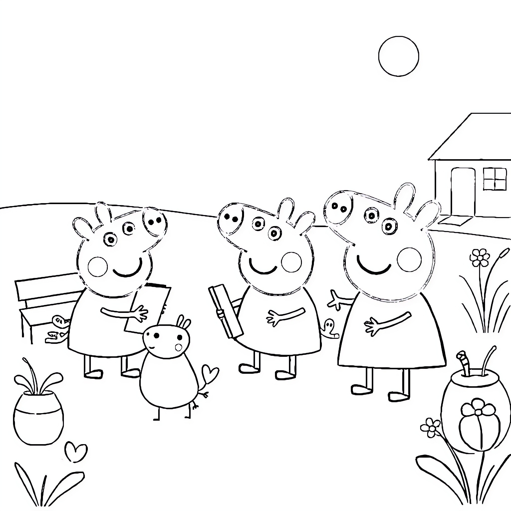 Peppa Pig and family posing for a picture Coloring Page (free black-and-white line drawing printable PDF for all, from beginners to advanced learners, including children, teens, adults, and seniors)