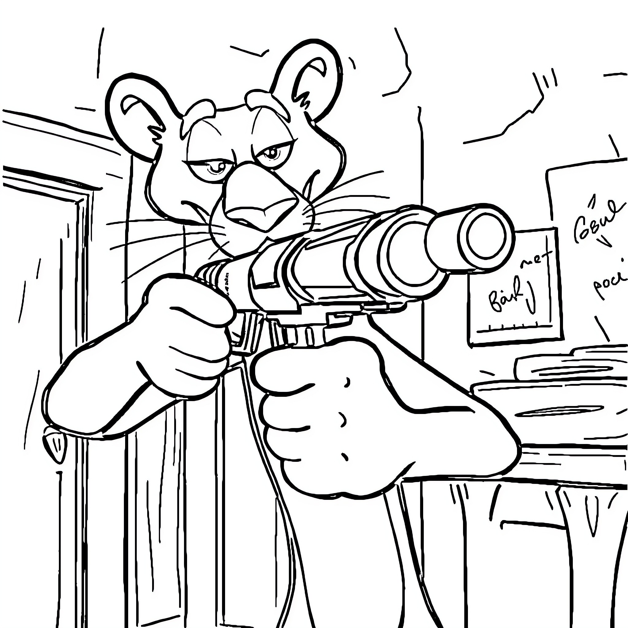 Pink Panther aiming a weapon in a room Coloring Page (free black-and-white line drawing printable PDF for all, from beginners to advanced learners, including children, teens, adults, and seniors)