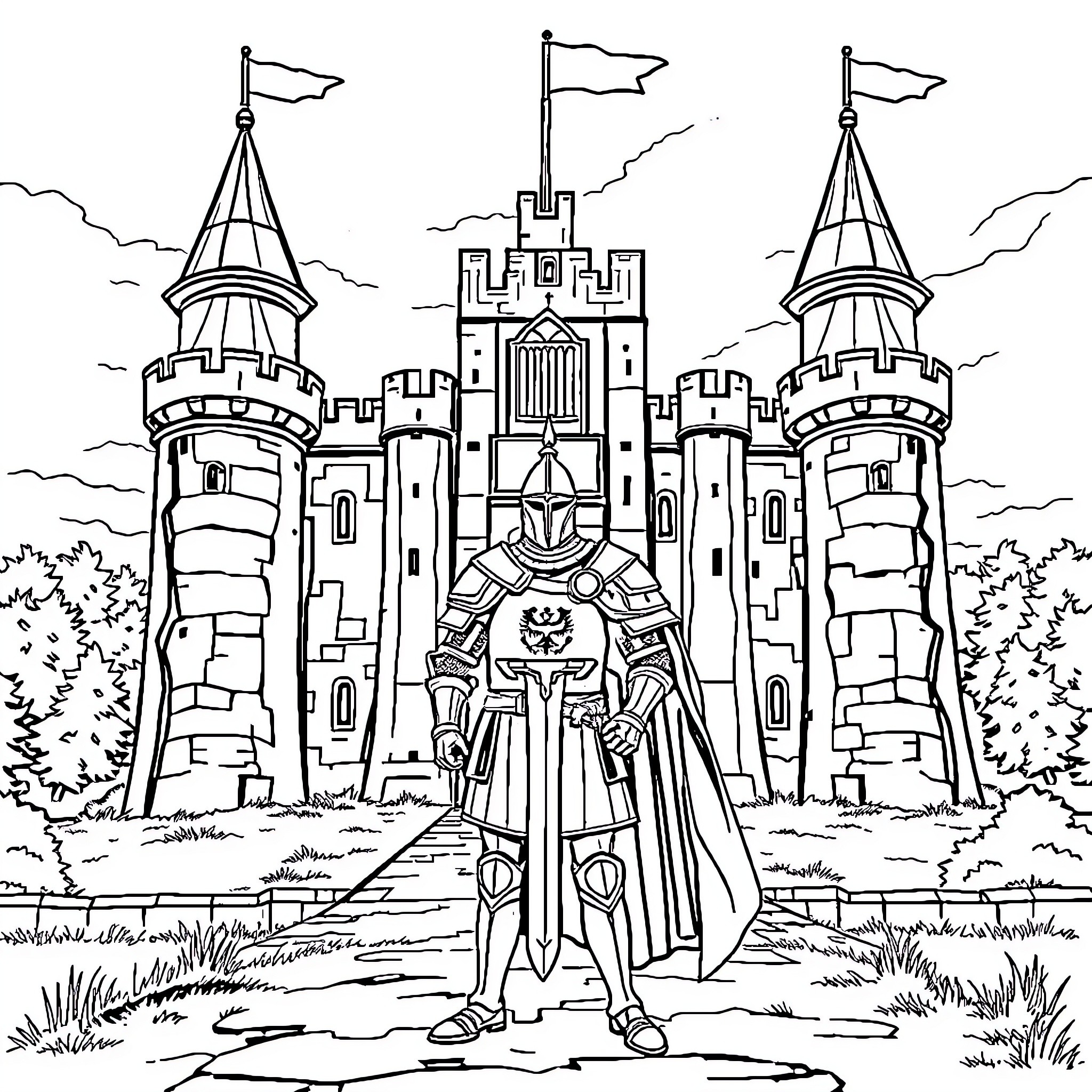 Knight Standing Proudly Before Majestic Castle Coloring Page (free black-and-white line drawing printable PDF for all, from beginners to advanced learners, including children, teens, adults, and seniors)