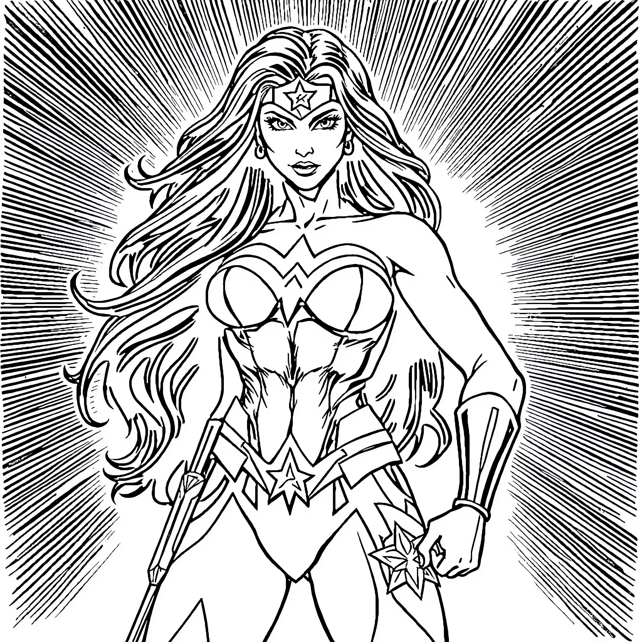 Wonder Woman in heroic action pose Coloring Page (free black-and-white line drawing printable PDF for all, from beginners to advanced learners, including children, teens, adults, and seniors)