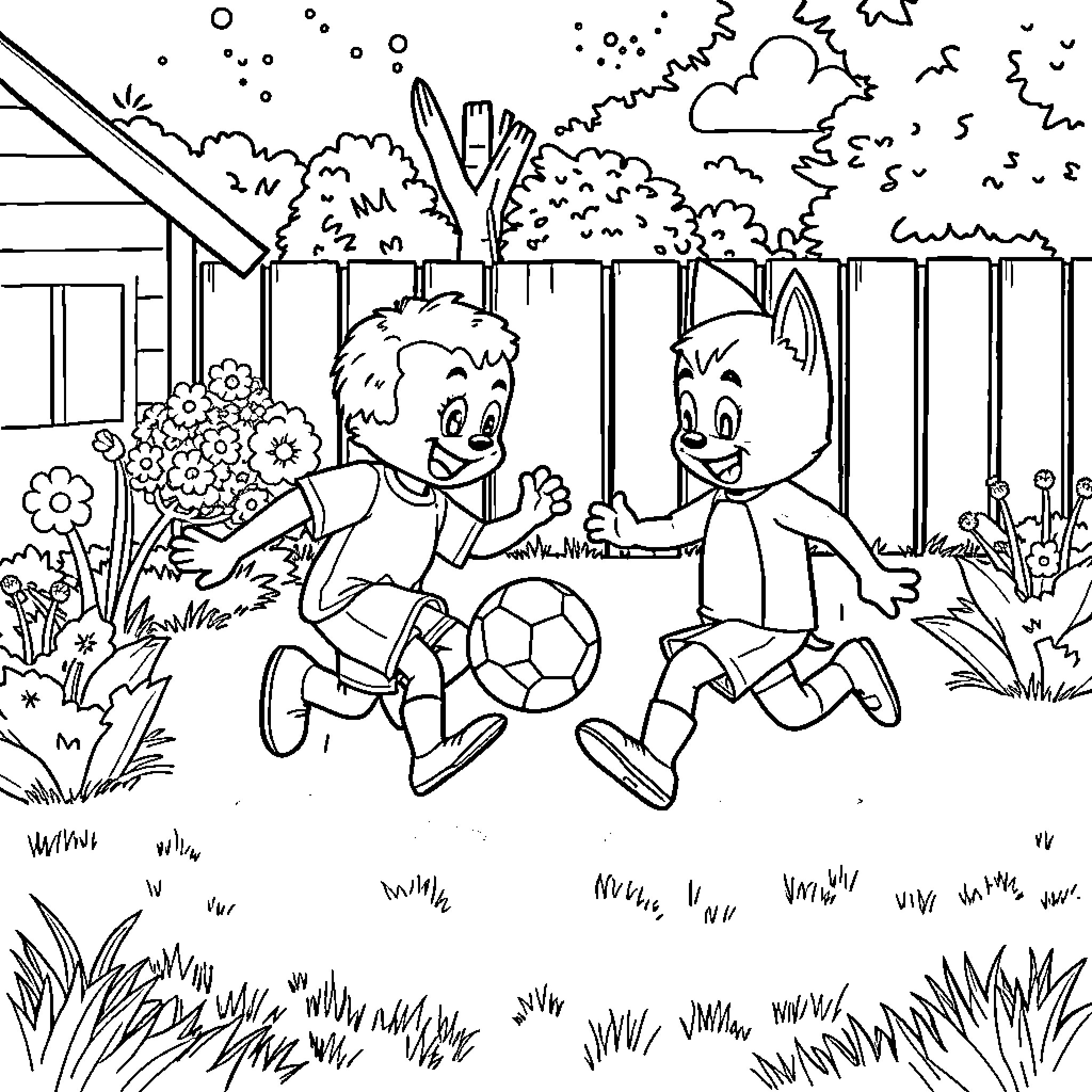 Bingo! Two boys playing soccer in the backyard Coloring Page (free black-and-white line drawing printable PDF for all, from beginners to advanced learners, including children, teens, adults, and seniors)