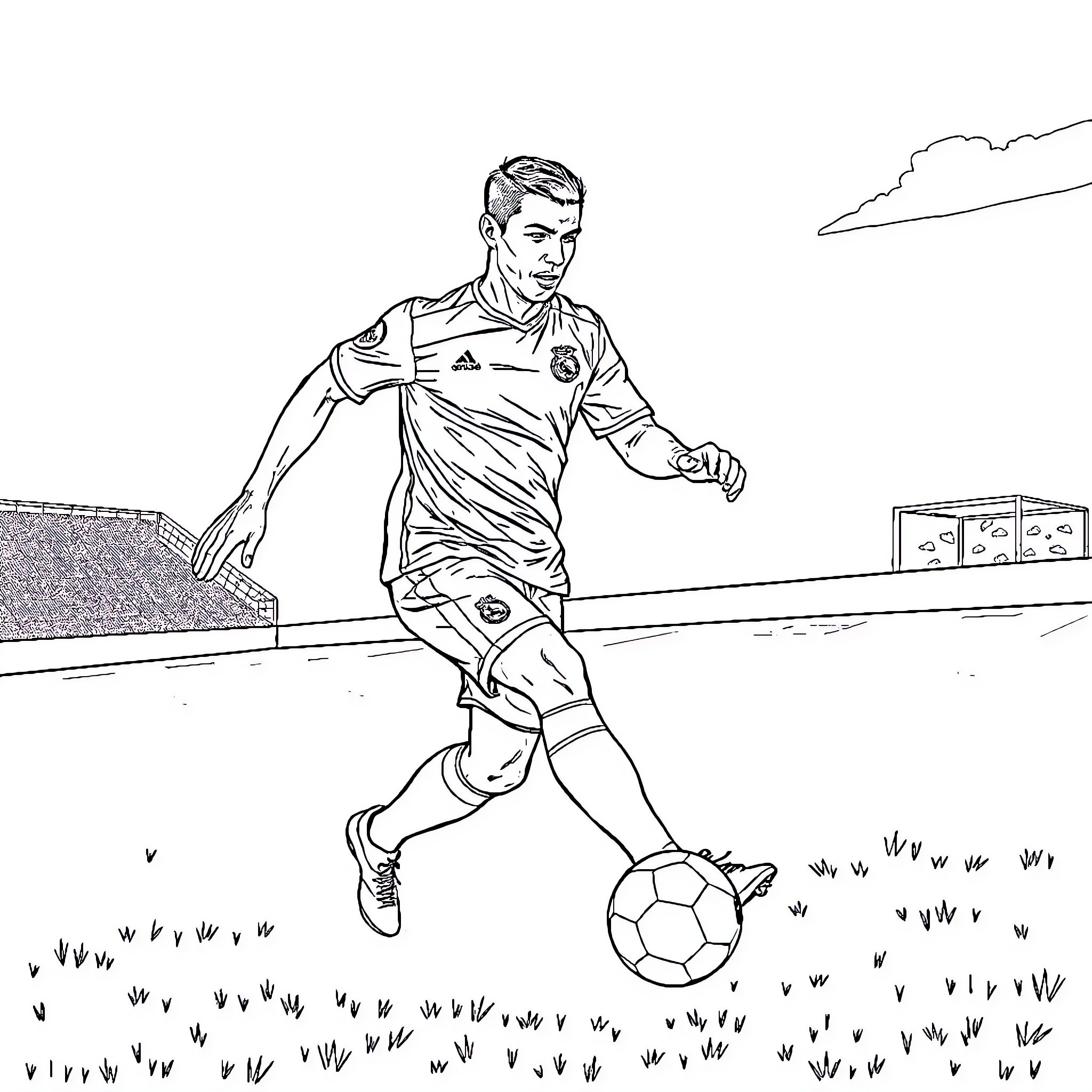 Ronaldo dribbling a soccer ball on the field Coloring Page (free black-and-white line drawing printable PDF for all, from beginners to advanced learners, including children, teens, adults, and seniors)