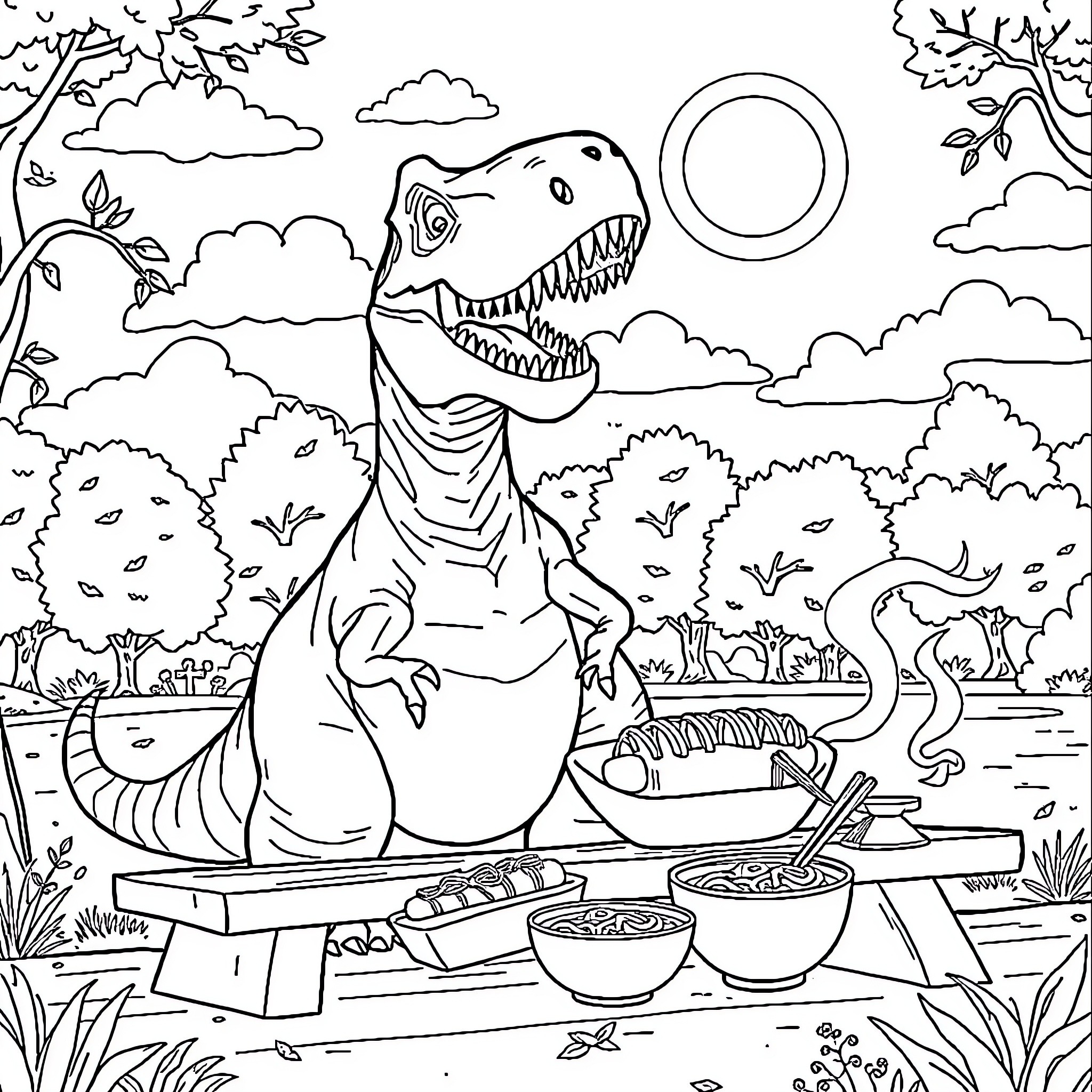 T-Rex having a picnic in the park Coloring Page (free black-and-white line drawing printable PDF for all, from beginners to advanced learners, including children, teens, adults, and seniors)