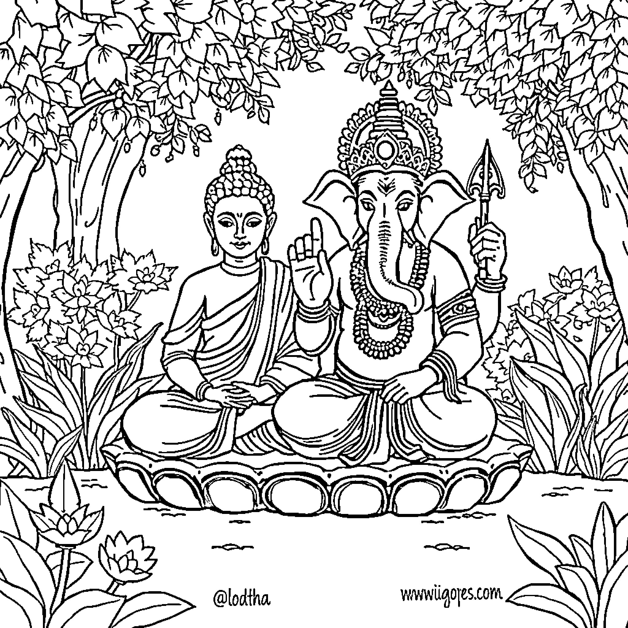 Buddha and Ganesha in a serene nature setting Coloring Page (free black-and-white line drawing printable PDF for all, from beginners to advanced learners, including children, teens, adults, and seniors)