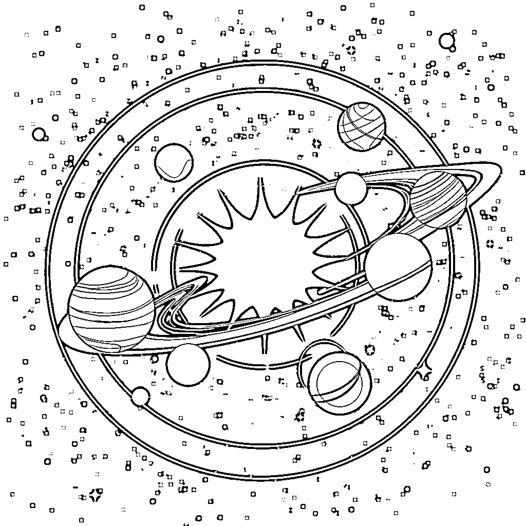 Solar System with Planets and Cosmic Shapes Coloring Page (free black-and-white line drawing printable PDF for all, from beginners to advanced learners, including children, teens, adults, and seniors)