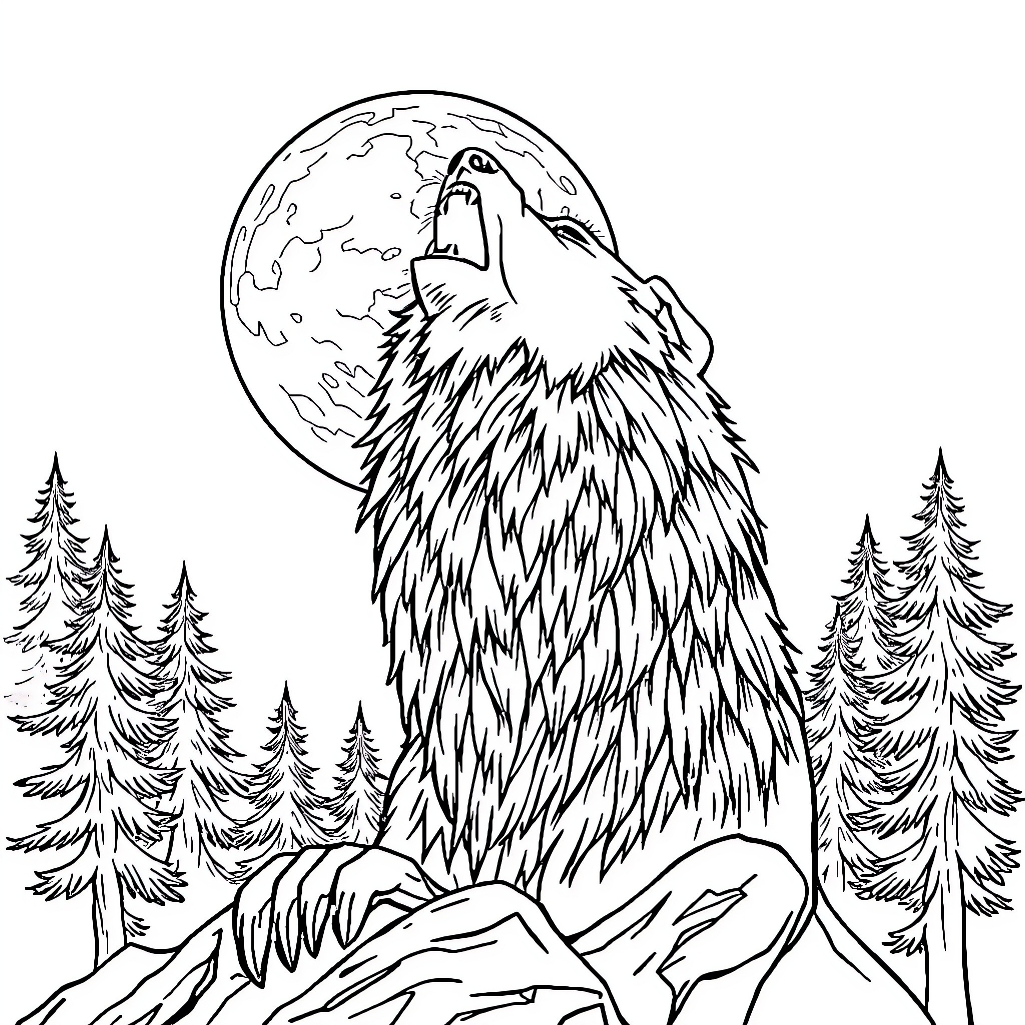 Werewolf howling under the full moon Coloring Page (free black-and-white line drawing printable PDF for all, from beginners to advanced learners, including children, teens, adults, and seniors)