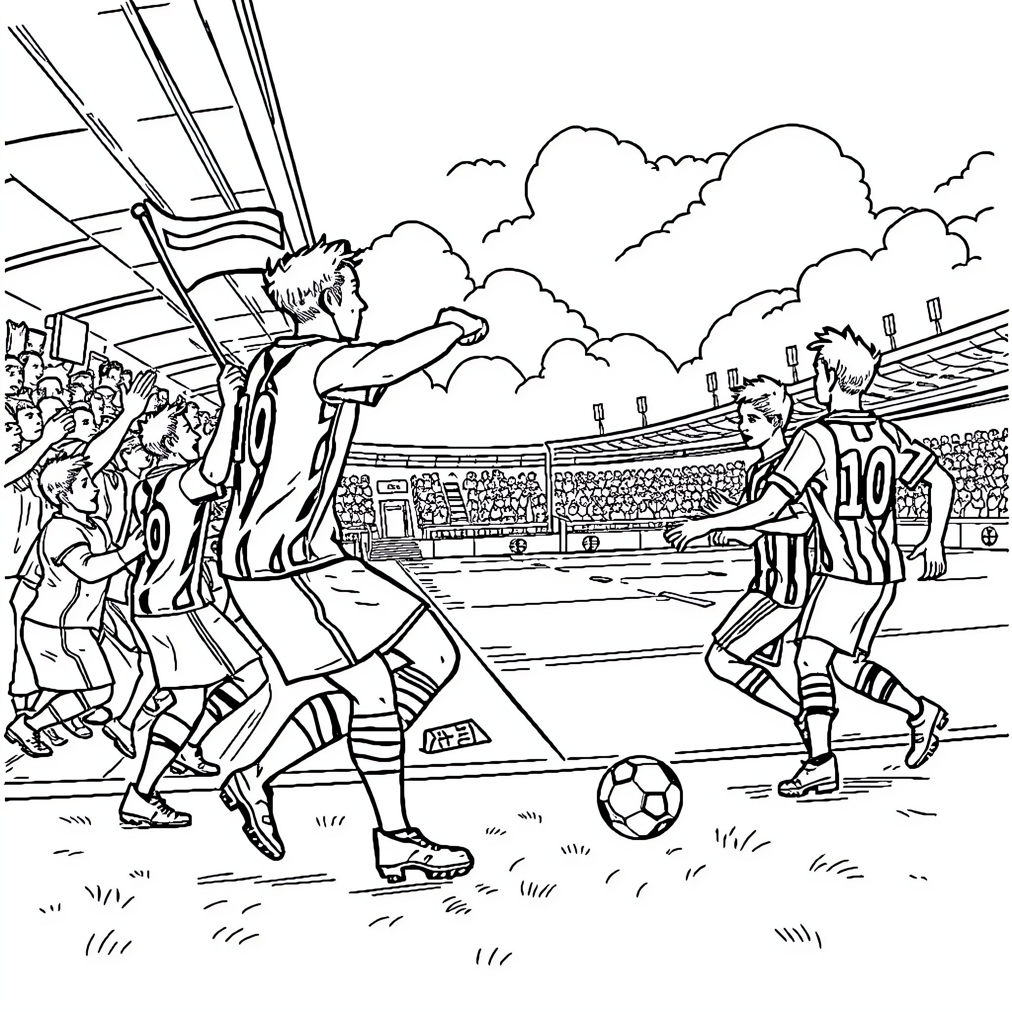 Club soccer match with players on the field Coloring Page (free black-and-white line drawing printable PDF for all, from beginners to advanced learners, including children, teens, adults, and seniors)