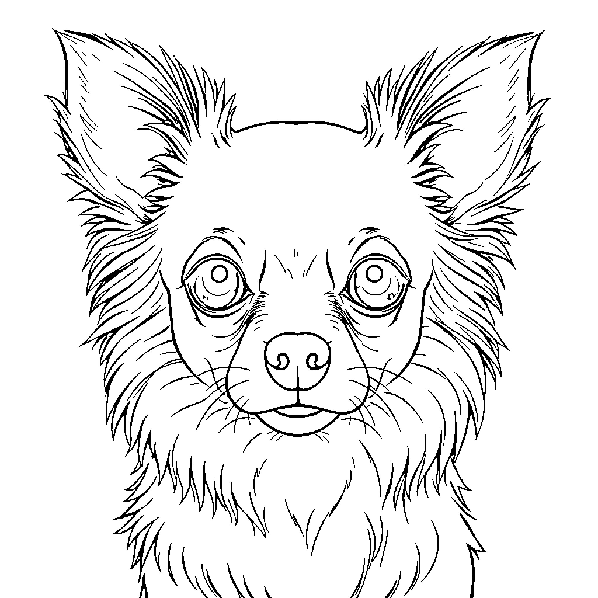 Chihuahua with Expressive Eyes and Fluffy Fur Coloring Page (free black-and-white line drawing printable PDF for all, from beginners to advanced learners, including children, teens, adults, and seniors)