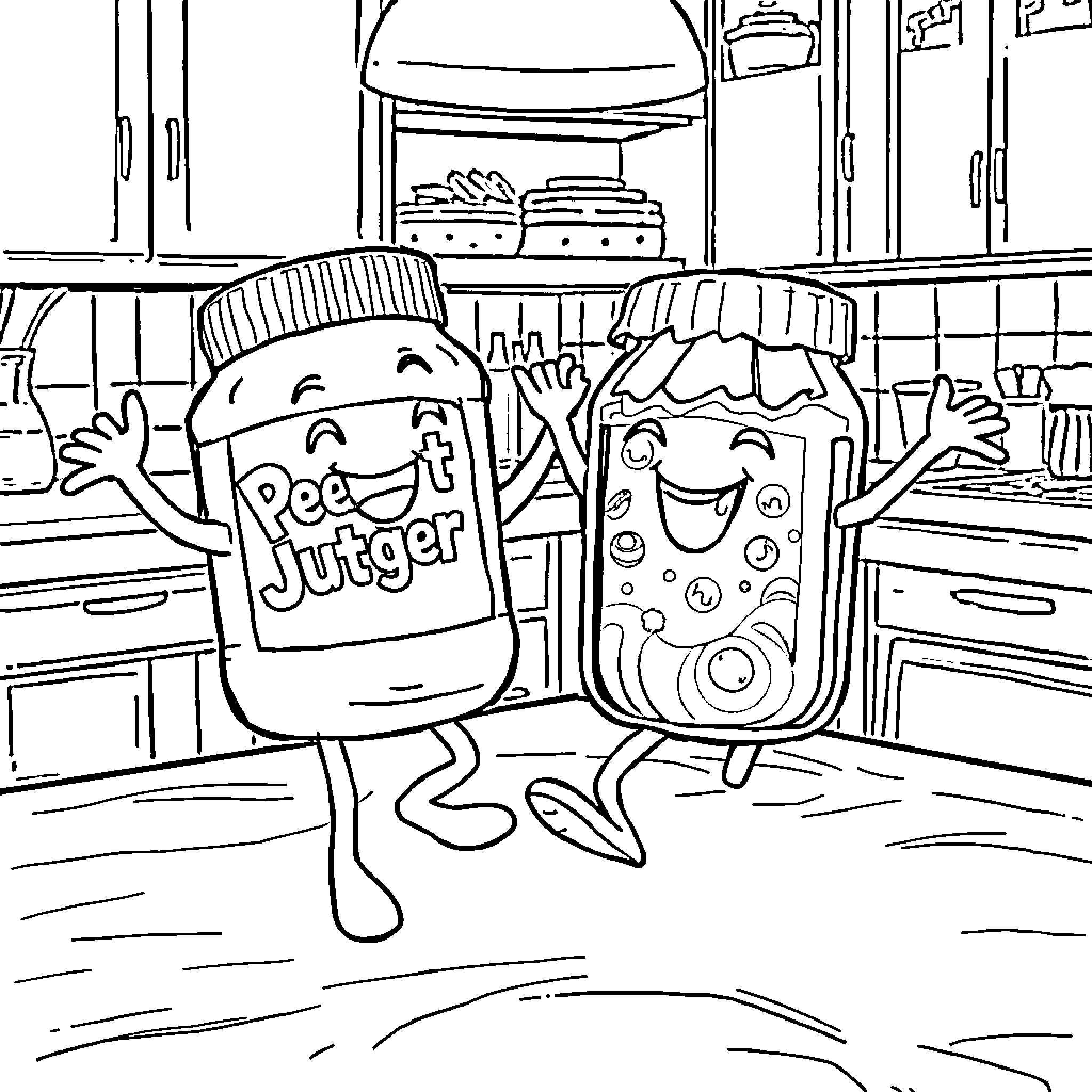 Peanut Butter and Jelly having fun in the kitchen Coloring Page (free black-and-white line drawing printable PDF for all, from beginners to advanced learners, including children, teens, adults, and seniors)