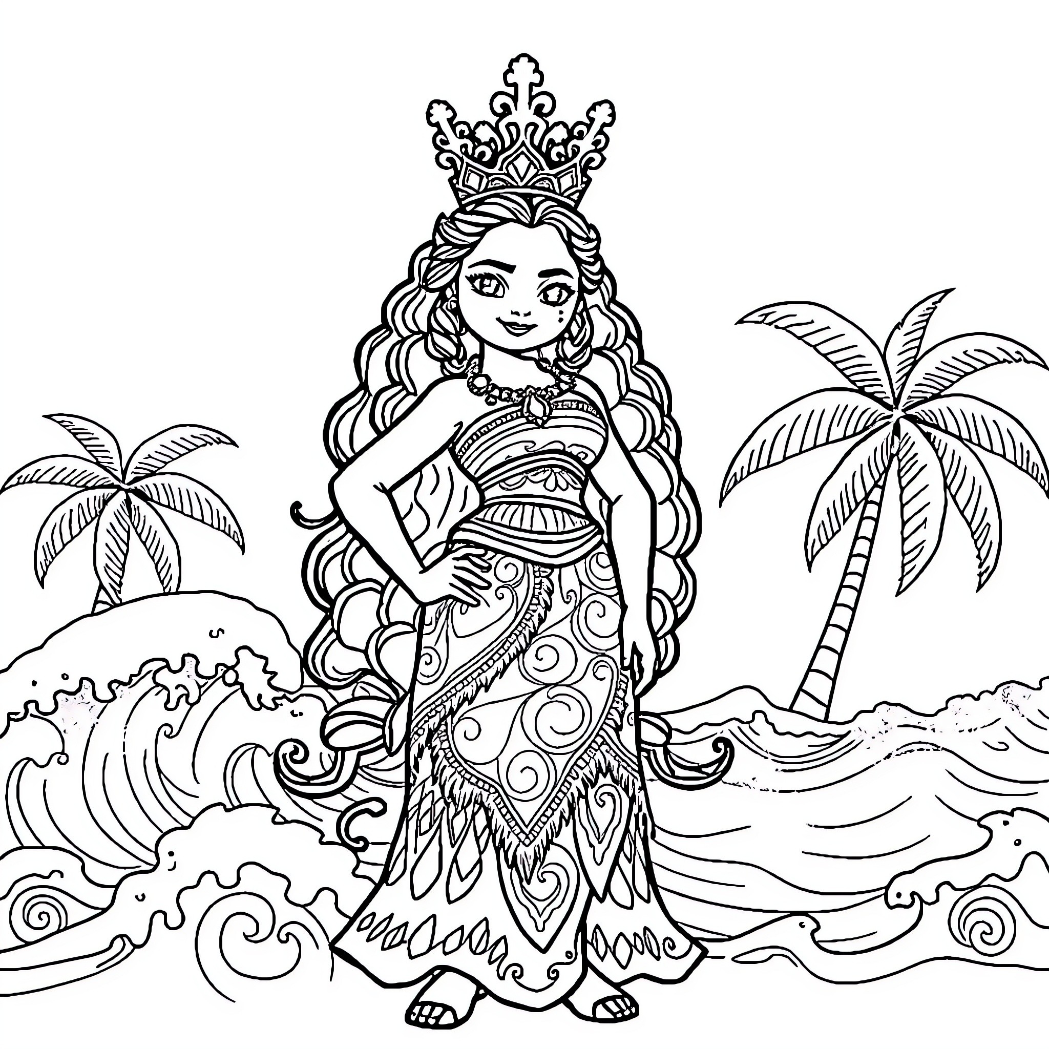 Moana exploring the waves and palm trees Coloring Page (free black-and-white line drawing printable PDF for all, from beginners to advanced learners, including children, teens, adults, and seniors)