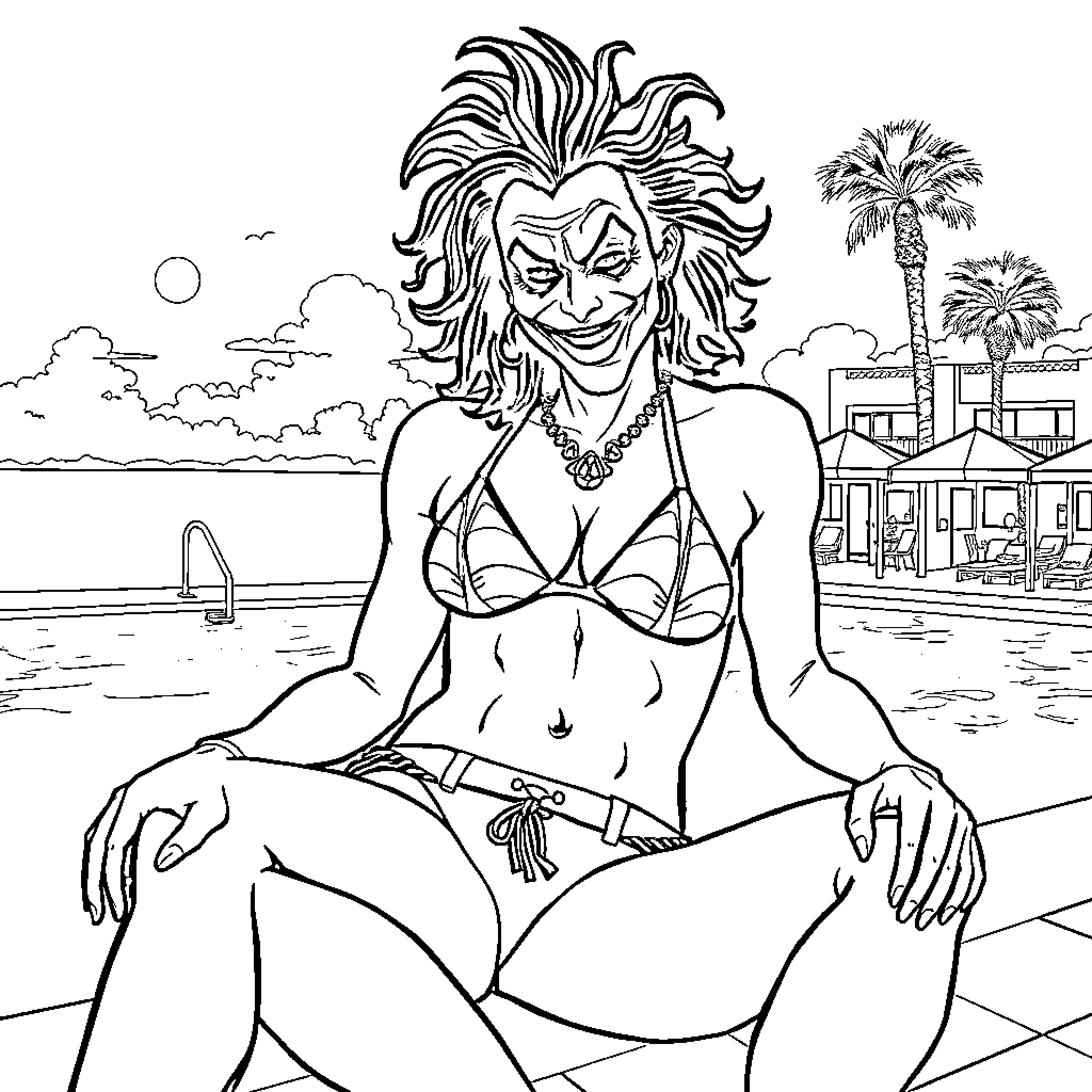 Joker lounging confidently by the pool in a tropical setting Coloring Page (free black-and-white line drawing printable PDF for all, from beginners to advanced learners, including children, teens, adults, and seniors)