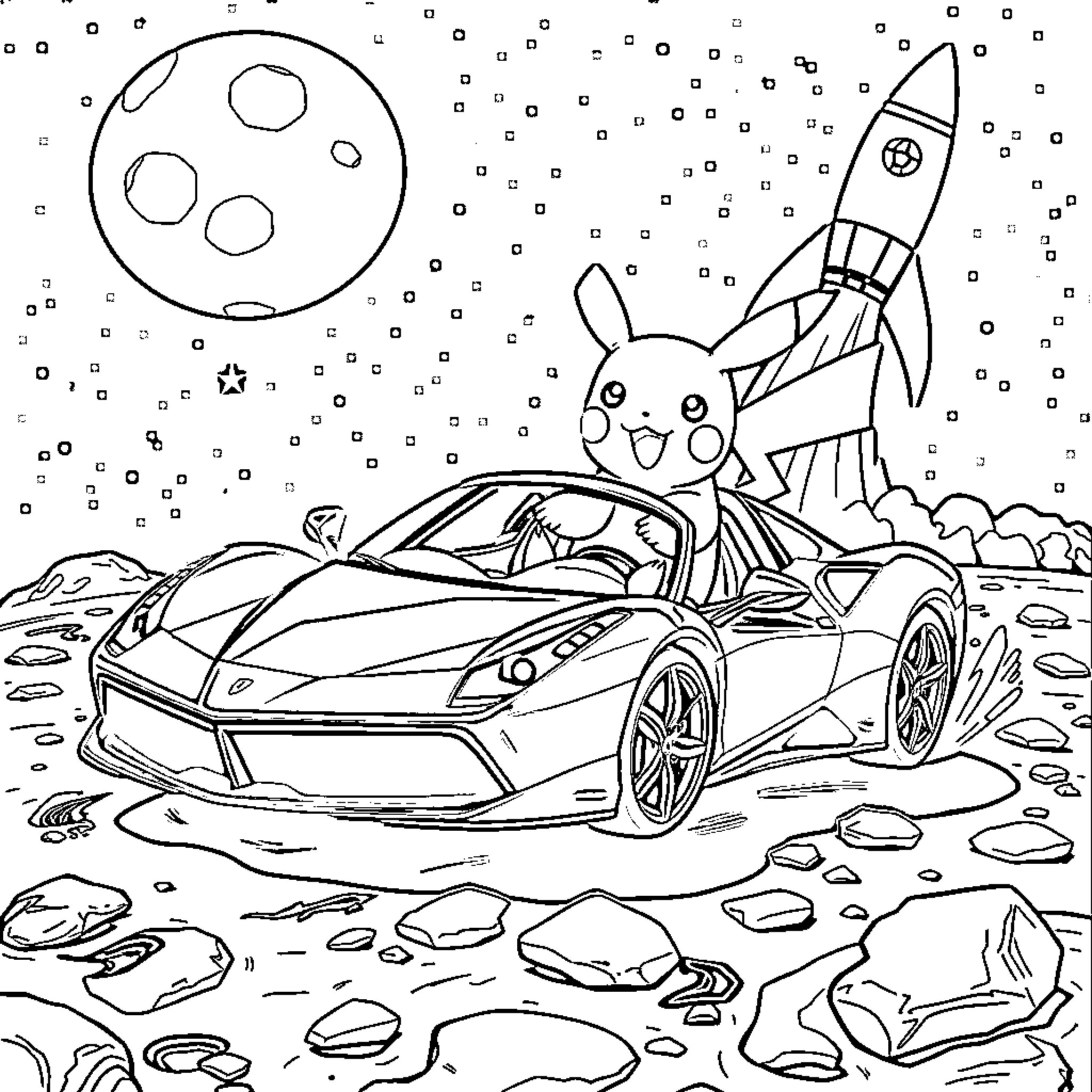 Pikachu riding in a futuristic sports car on the moon Coloring Page (free black-and-white line drawing printable PDF for all, from beginners to advanced learners, including children, teens, adults, and seniors)