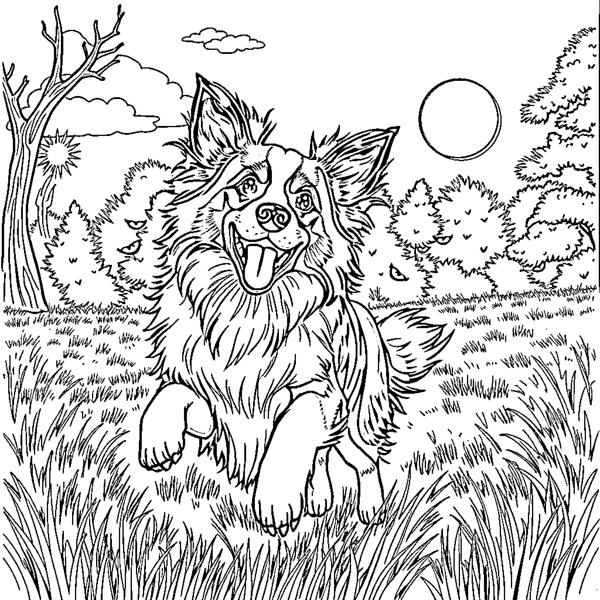 Australian Shepherd playing joyfully in nature Coloring Page (free black-and-white line drawing printable PDF for all, from beginners to advanced learners, including children, teens, adults, and seniors)