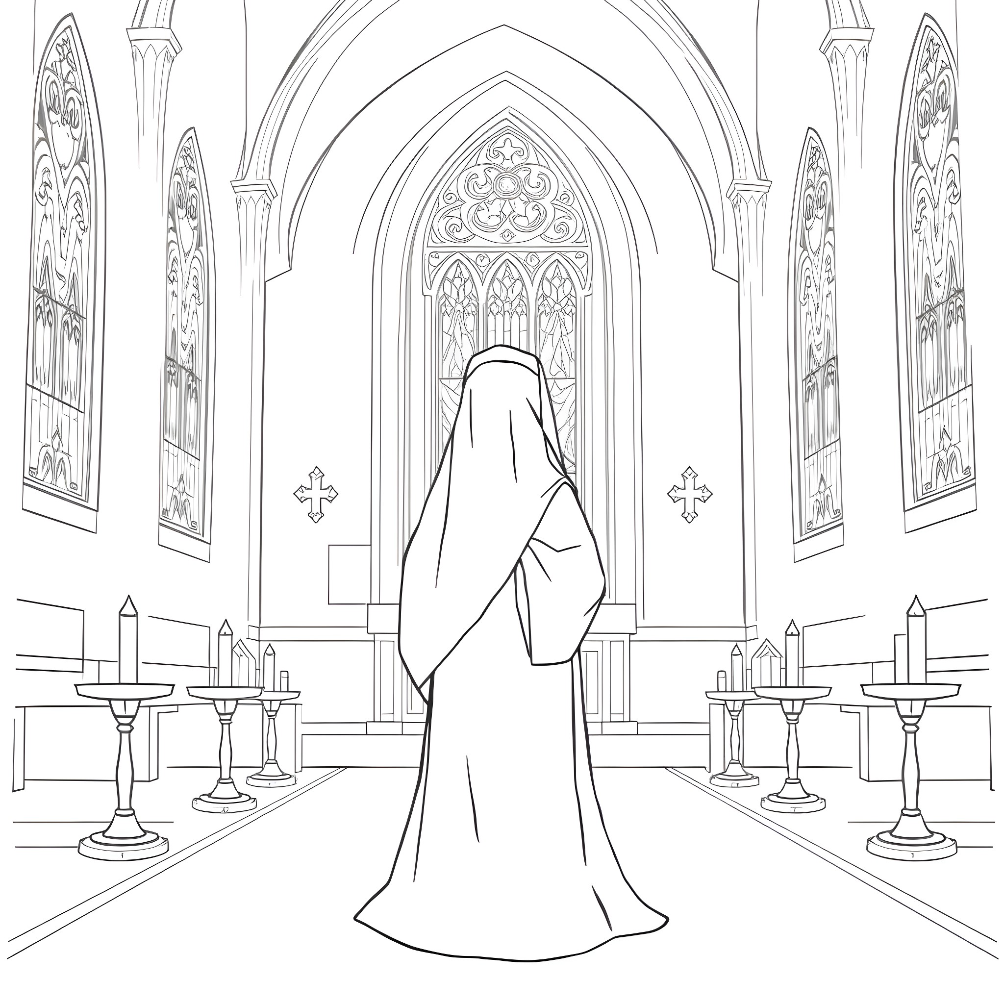 Nun praying solemnly in a Gothic cathedral Coloring Page (free black-and-white line drawing printable PDF for all, from beginners to advanced learners, including children, teens, adults, and seniors)