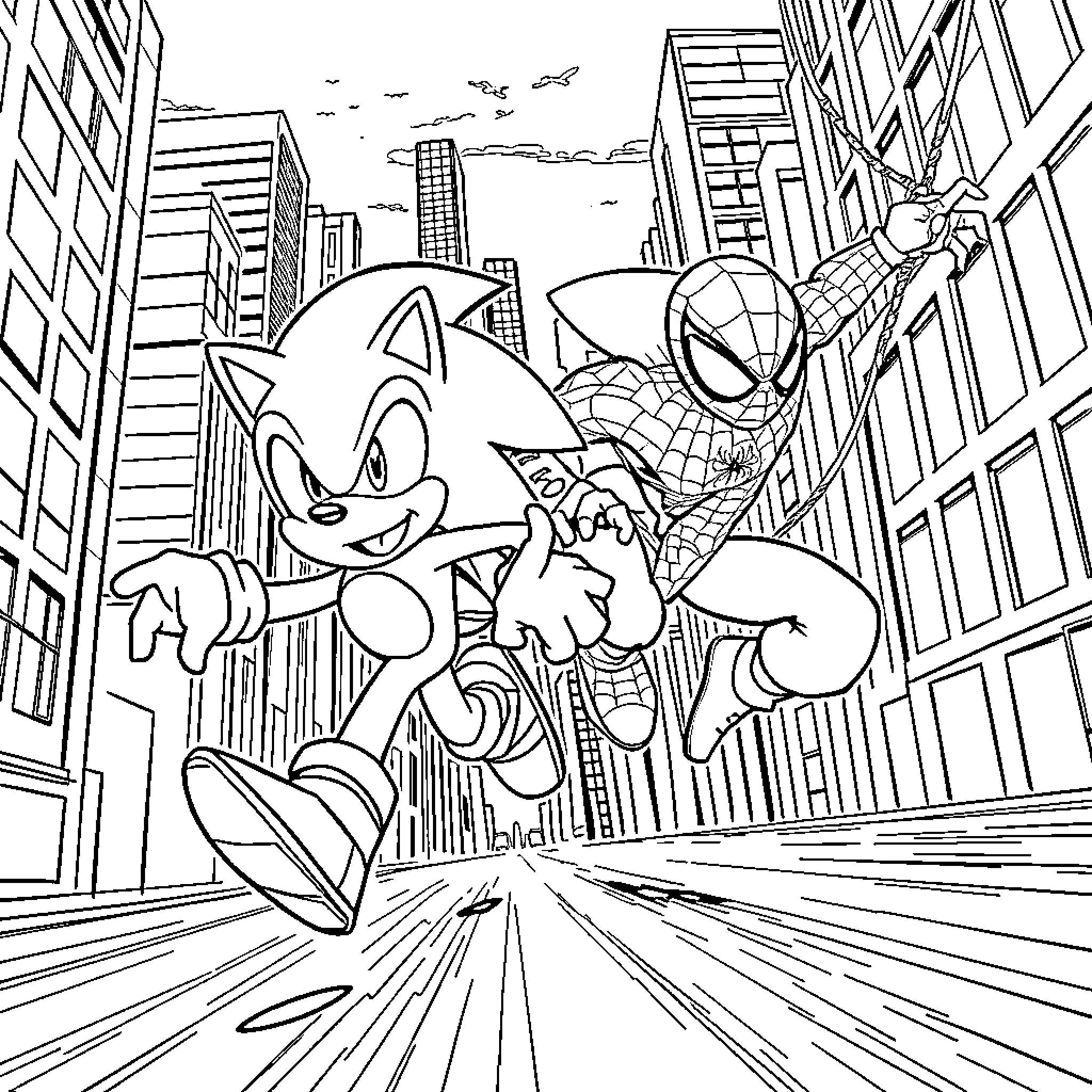 Sonic and Spiderman racing through the city Coloring Page (free black-and-white line drawing printable PDF for all, from beginners to advanced learners, including children, teens, adults, and seniors)