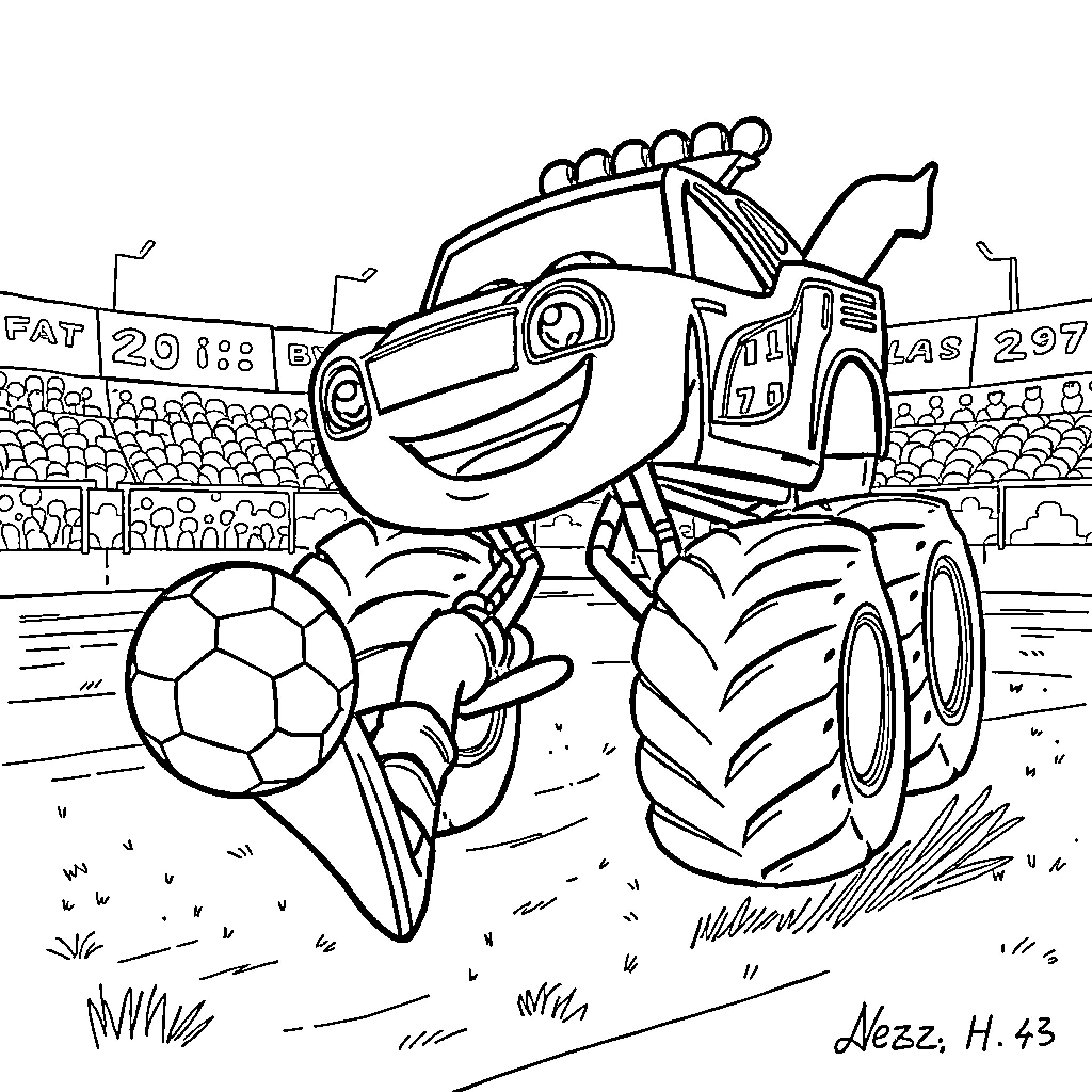Blaze's Energetic Soccer Match on the Field Coloring Page (free black-and-white line drawing printable PDF for all, from beginners to advanced learners, including children, teens, adults, and seniors)
