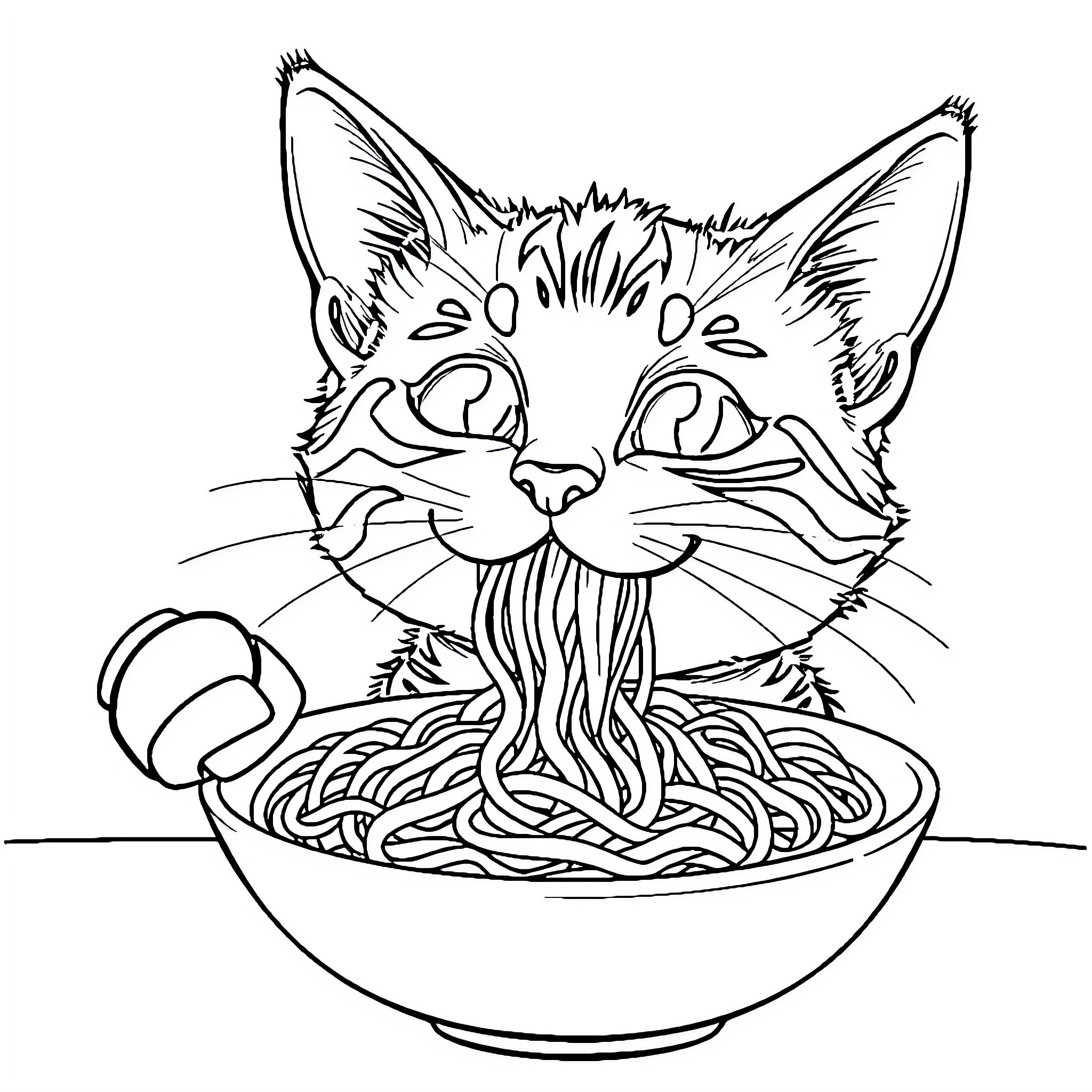 Bengal Cat Enjoying a Bowl of Spaghetti Coloring Page (free black-and-white line drawing printable PDF for all, from beginners to advanced learners, including children, teens, adults, and seniors)