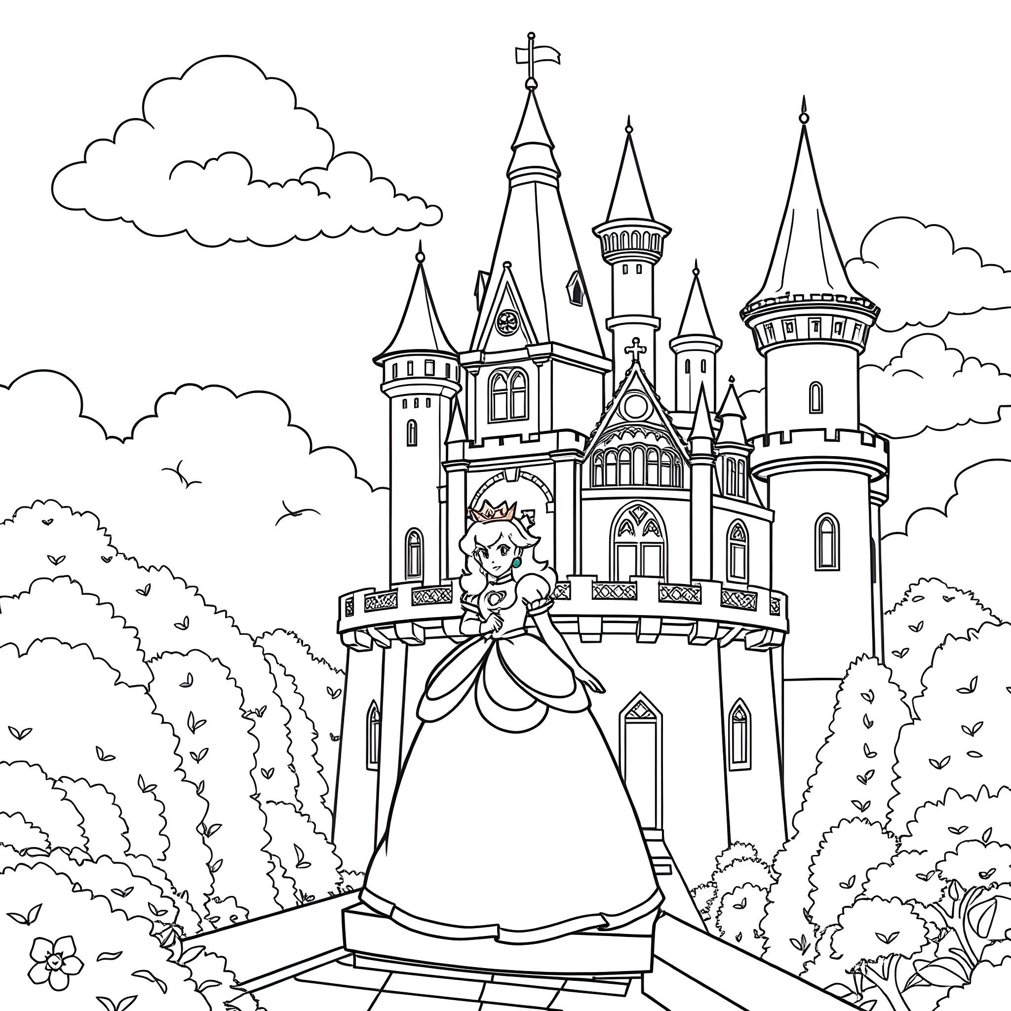 Princess in a Majestic Castle Courtyard Coloring Page (free black-and-white line drawing printable PDF for all, from beginners to advanced learners, including children, teens, adults, and seniors)