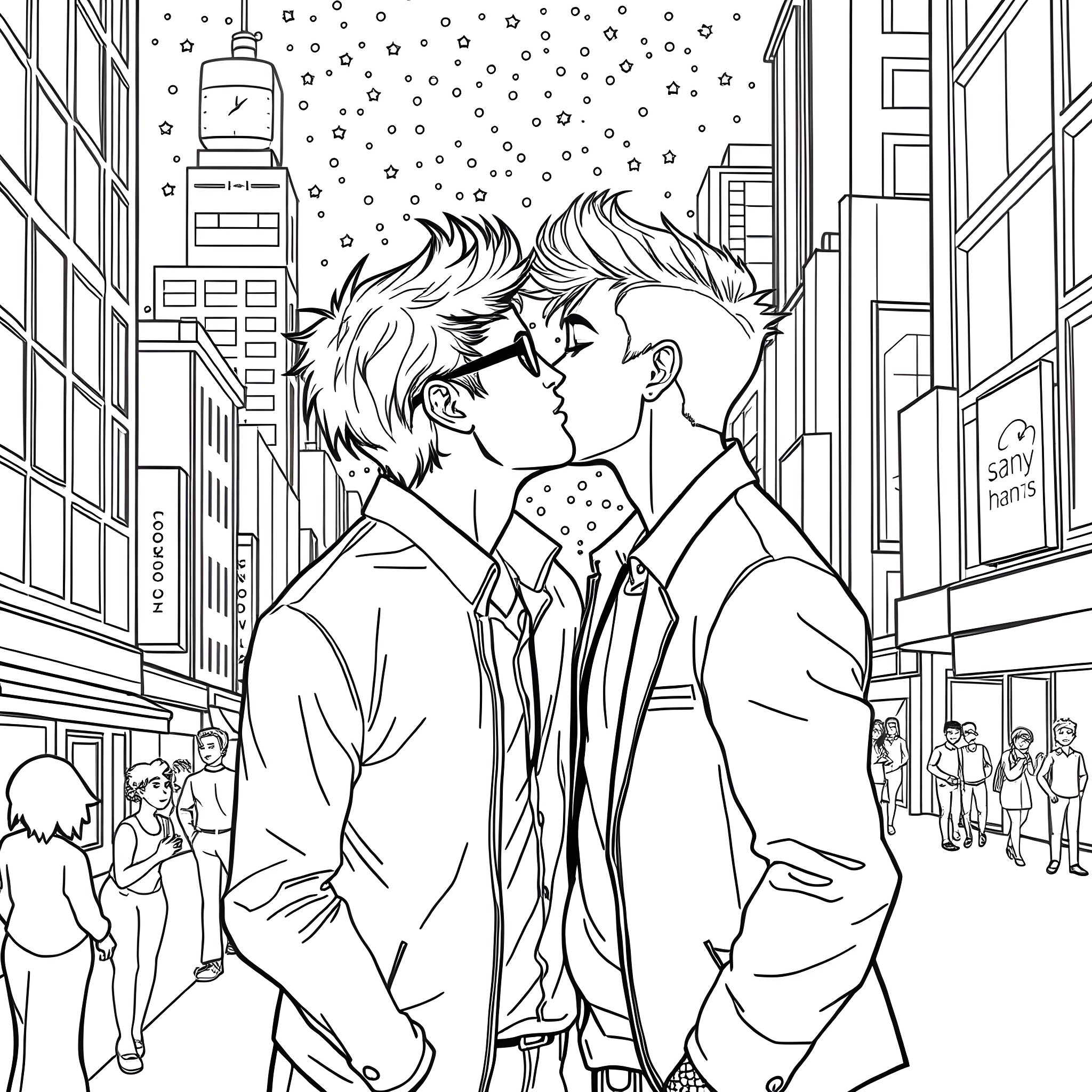 Boy Sharing a Romantic Kiss in the City Streets Coloring Page (free black-and-white line drawing printable PDF for all, from beginners to advanced learners, including children, teens, adults, and seniors)