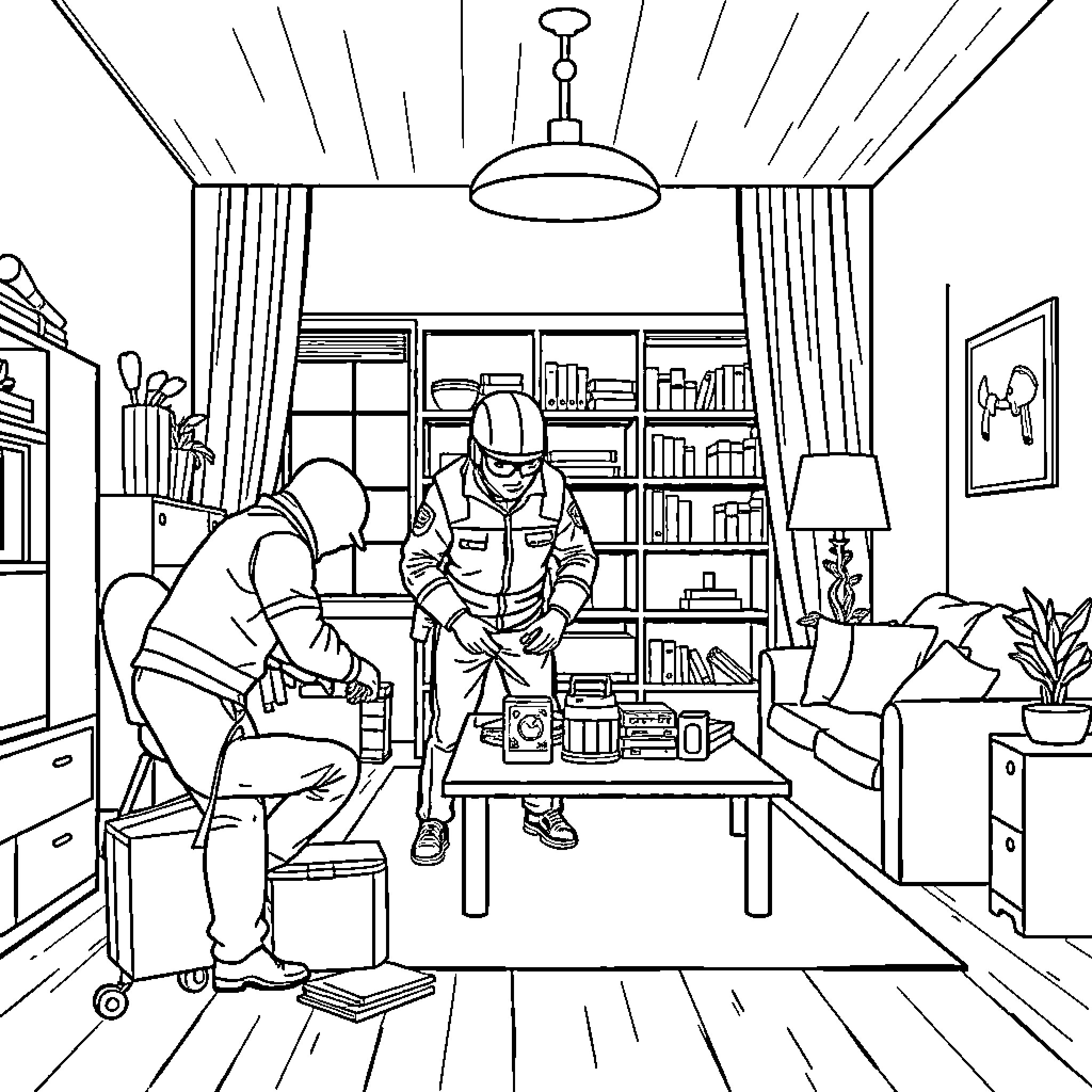 Ice Agent Investigates Clues in Cozy Study Coloring Page (free black-and-white line drawing printable PDF for all, from beginners to advanced learners, including children, teens, adults, and seniors)