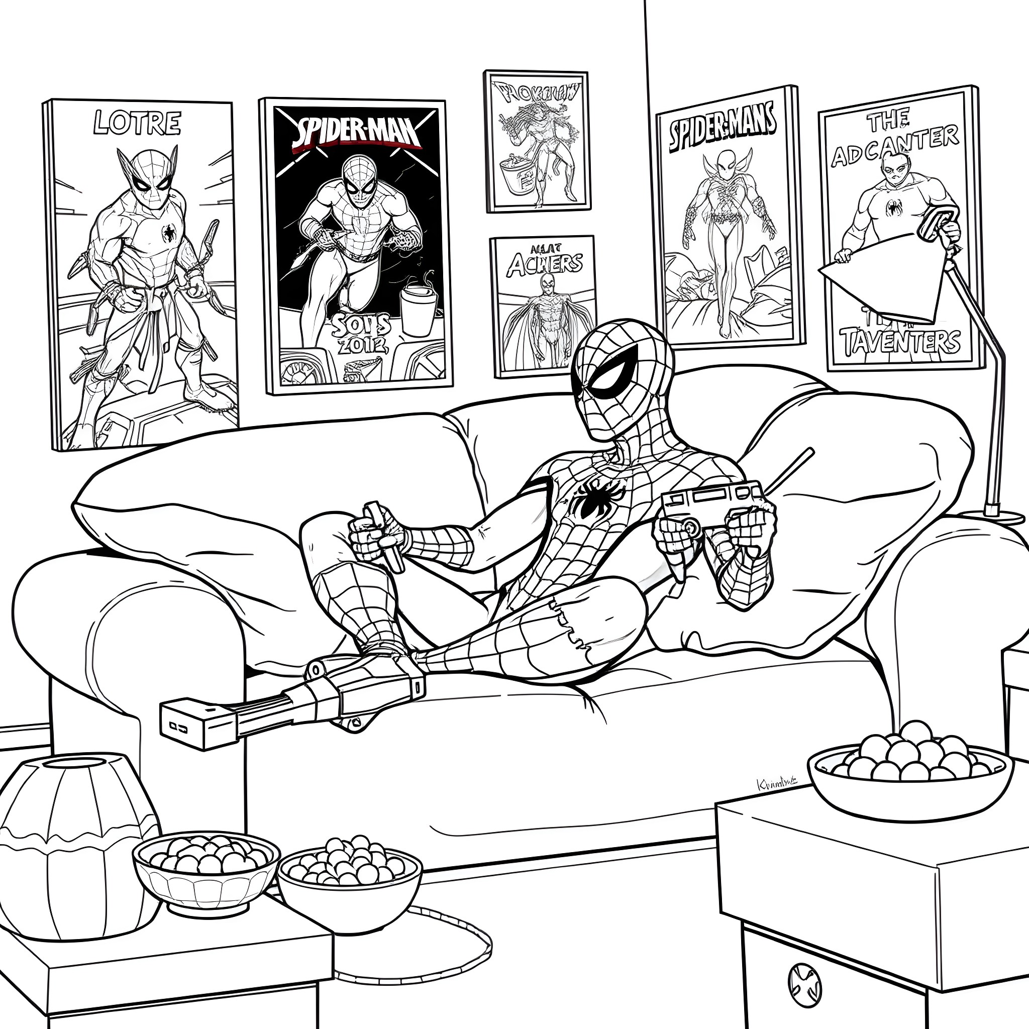 Spiderman relaxing at home surrounded by his comic book collection Coloring Page (free black-and-white line drawing printable PDF for all, from beginners to advanced learners, including children, teens, adults, and seniors)