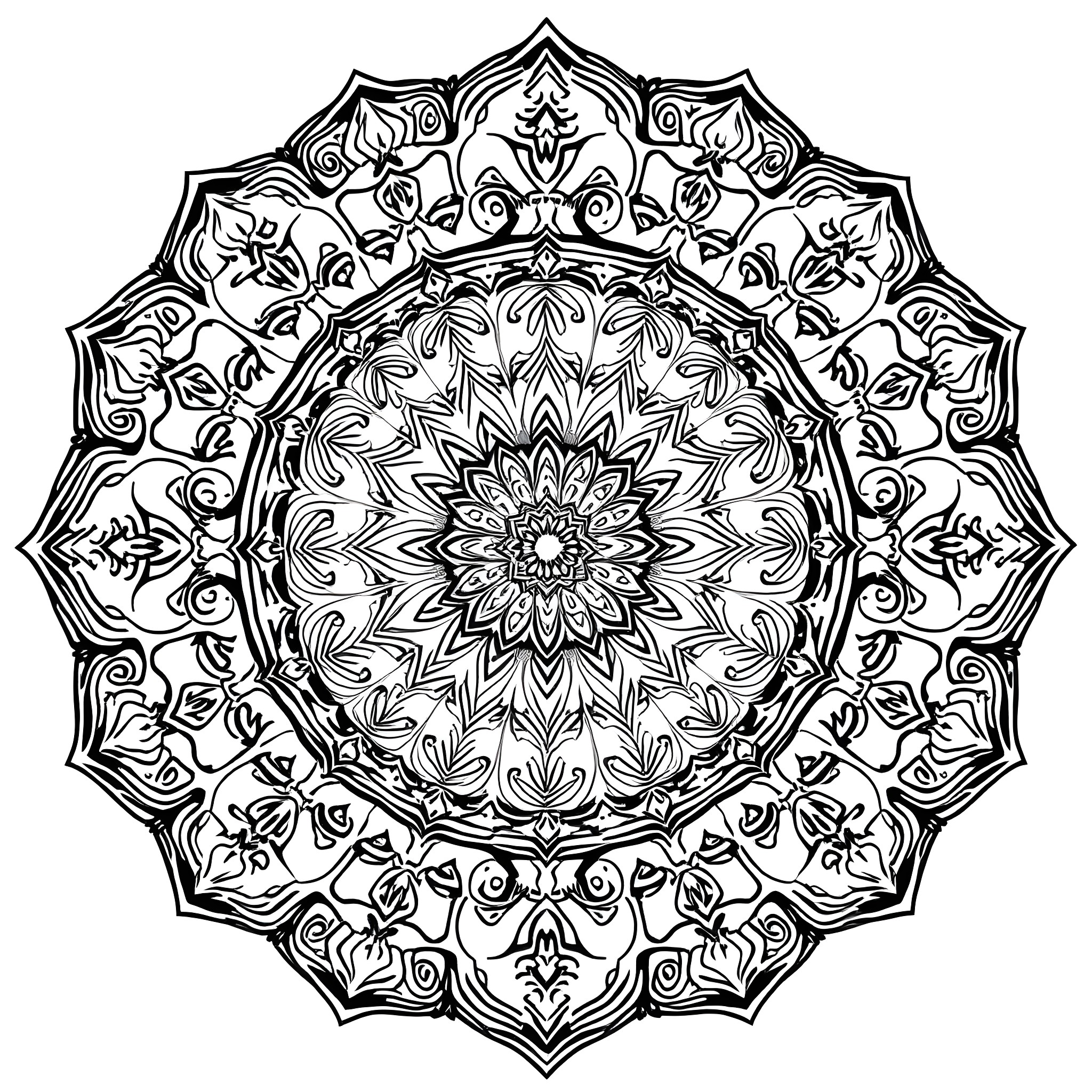 Mandala with intricate floral patterns Coloring Page (free black-and-white line drawing printable PDF for all, from beginners to advanced learners, including children, teens, adults, and seniors)
