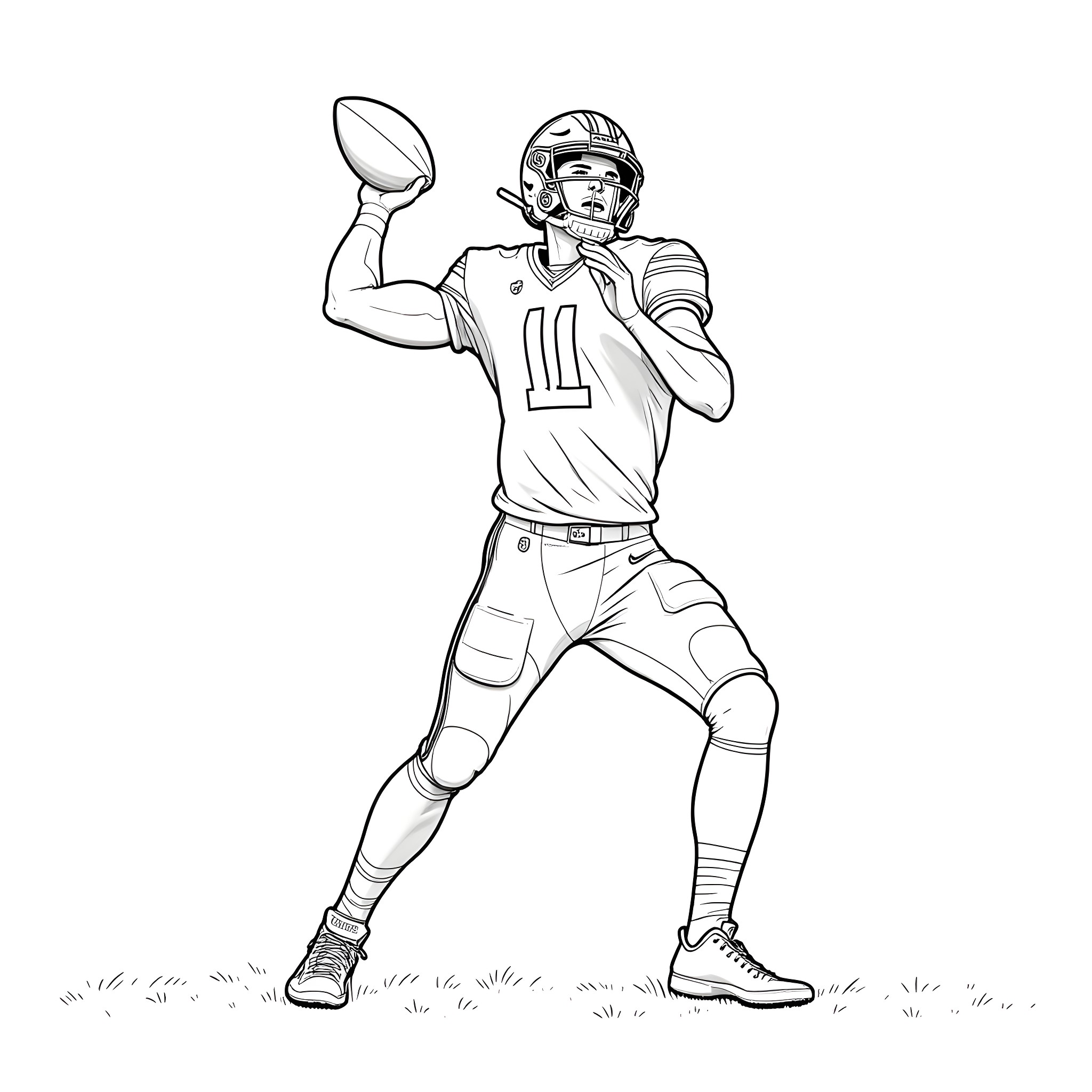 Justin Herbert throwing football on the field Coloring Page (free black-and-white line drawing printable PDF for all, from beginners to advanced learners, including children, teens, adults, and seniors)