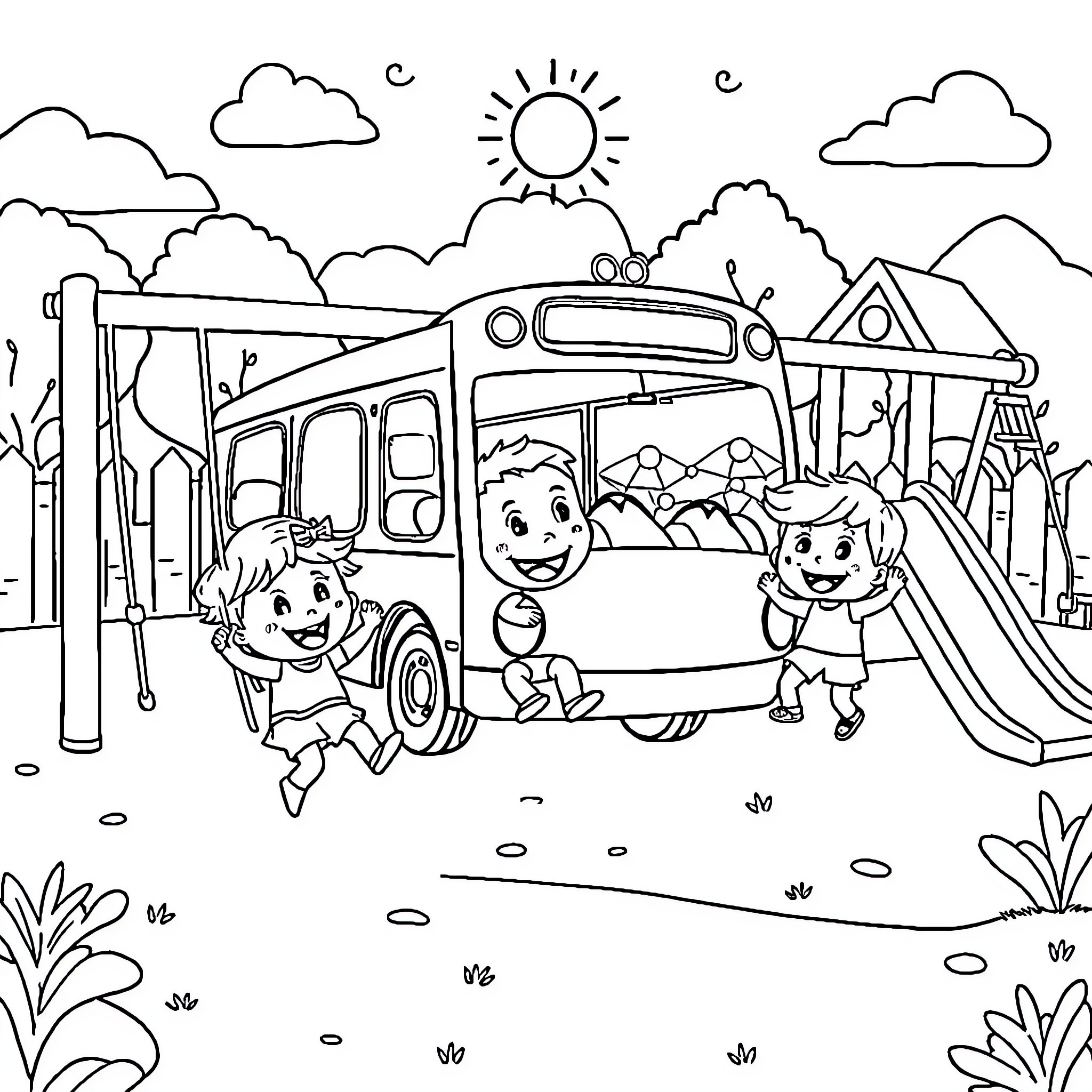 Babybus Enjoying Outdoor Fun and Adventure Coloring Page (free black-and-white line drawing printable PDF for all, from beginners to advanced learners, including children, teens, adults, and seniors)