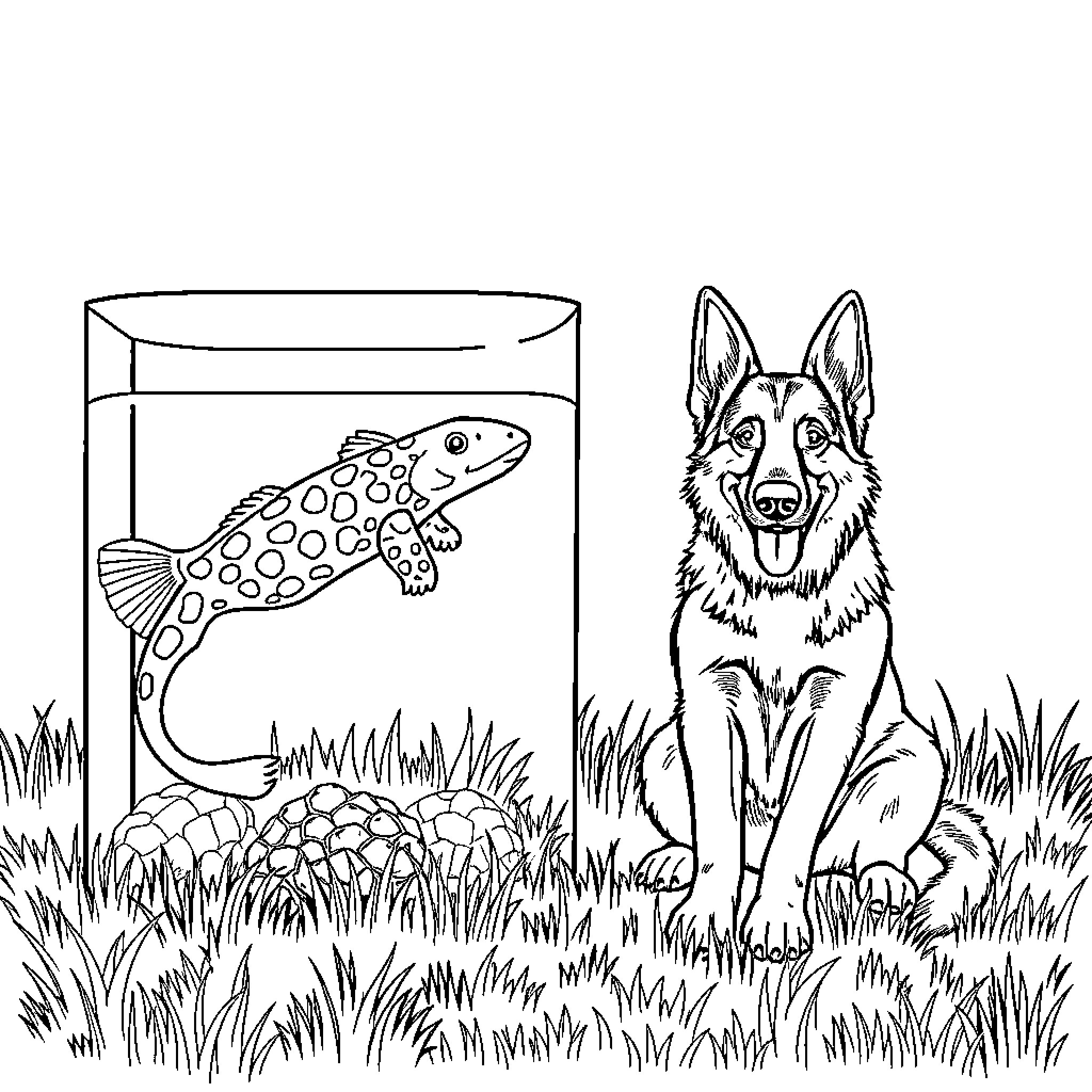 Axolotl in aquarium and happy dog on grass Coloring Page (free black-and-white line drawing printable PDF for all, from beginners to advanced learners, including children, teens, adults, and seniors)