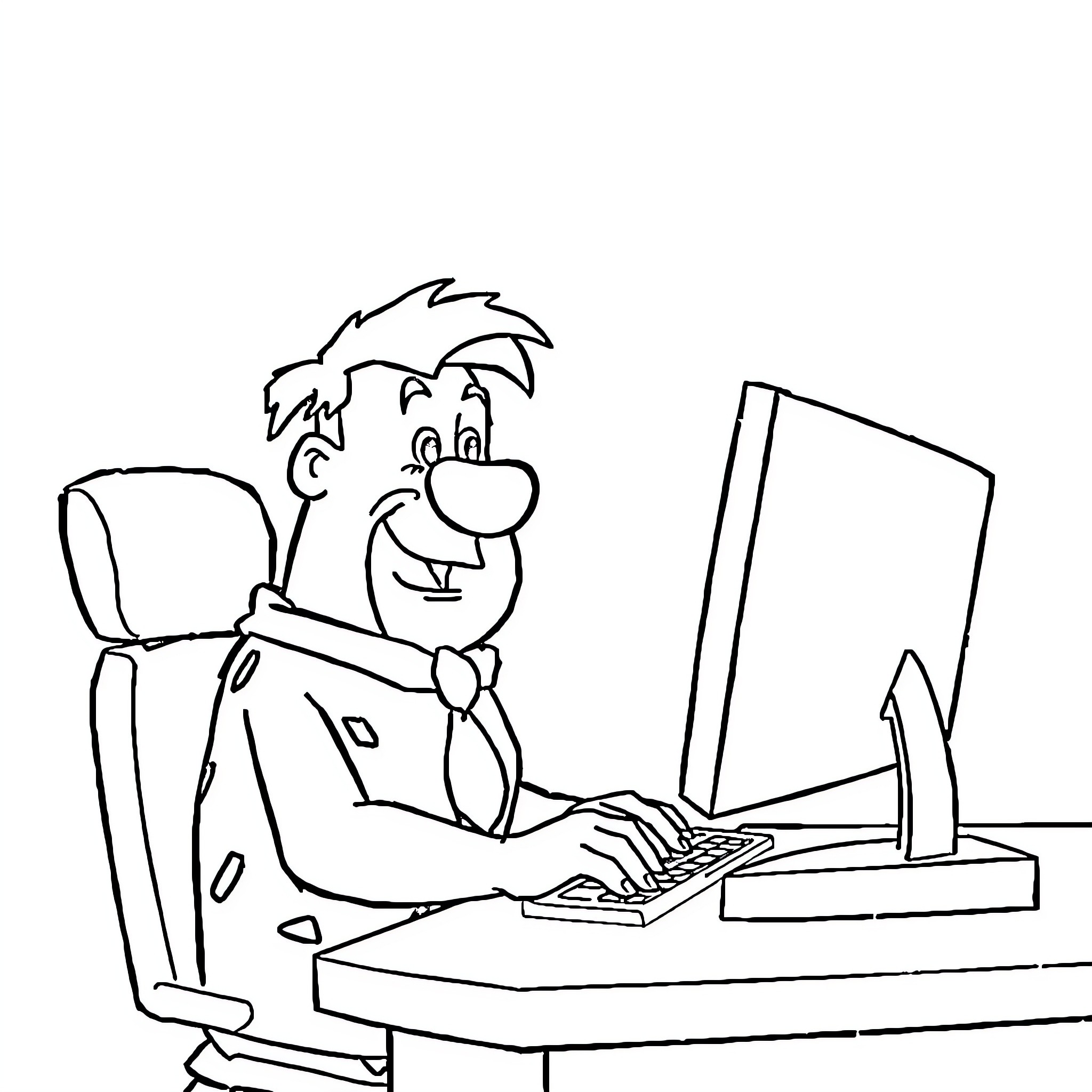 Fred Flintstone working diligently on a computer Coloring Page (free black-and-white line drawing printable PDF for all, from beginners to advanced learners, including children, teens, adults, and seniors)