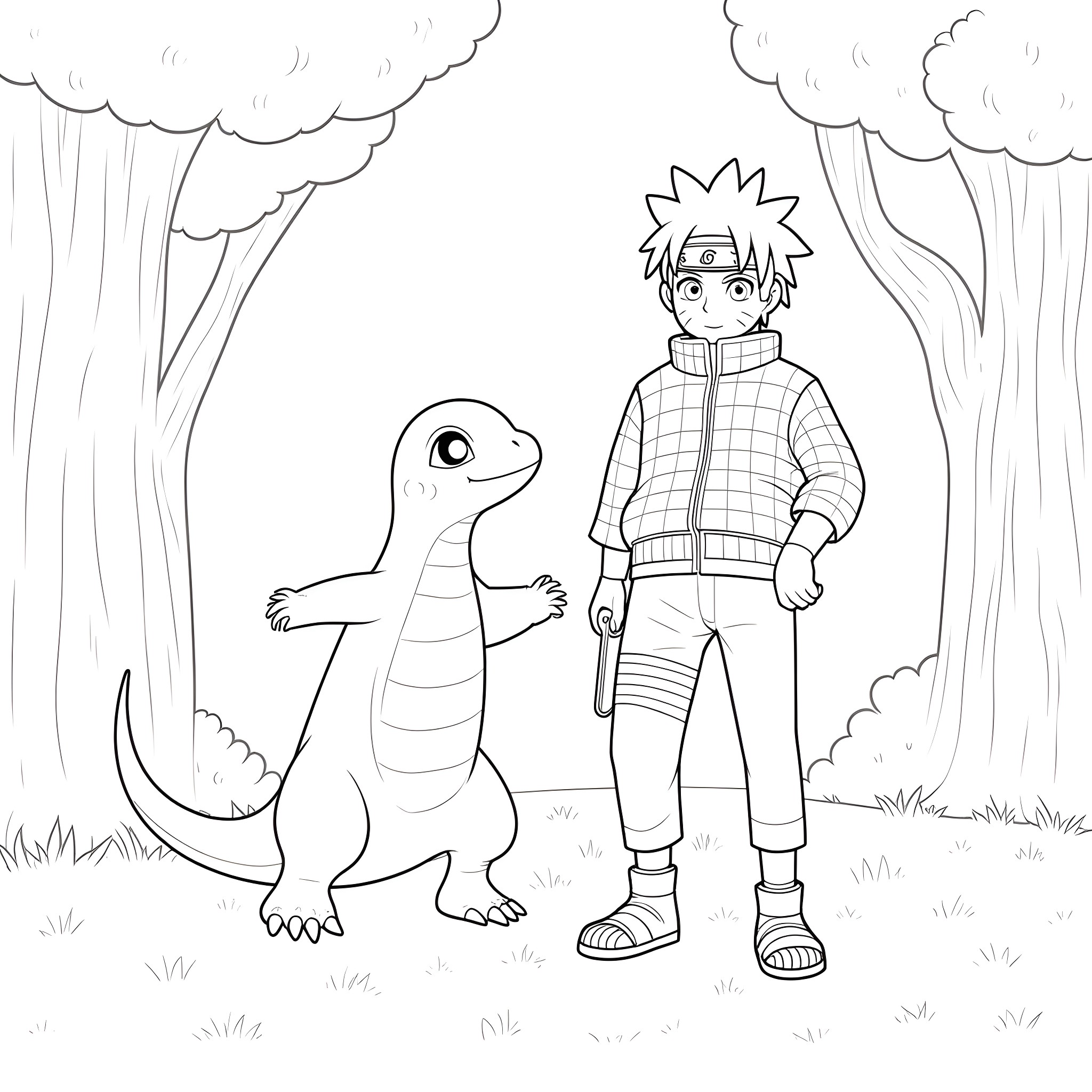Naruto and his companion exploring the forest Coloring Page (free black-and-white line drawing printable PDF for all, from beginners to advanced learners, including children, teens, adults, and seniors)