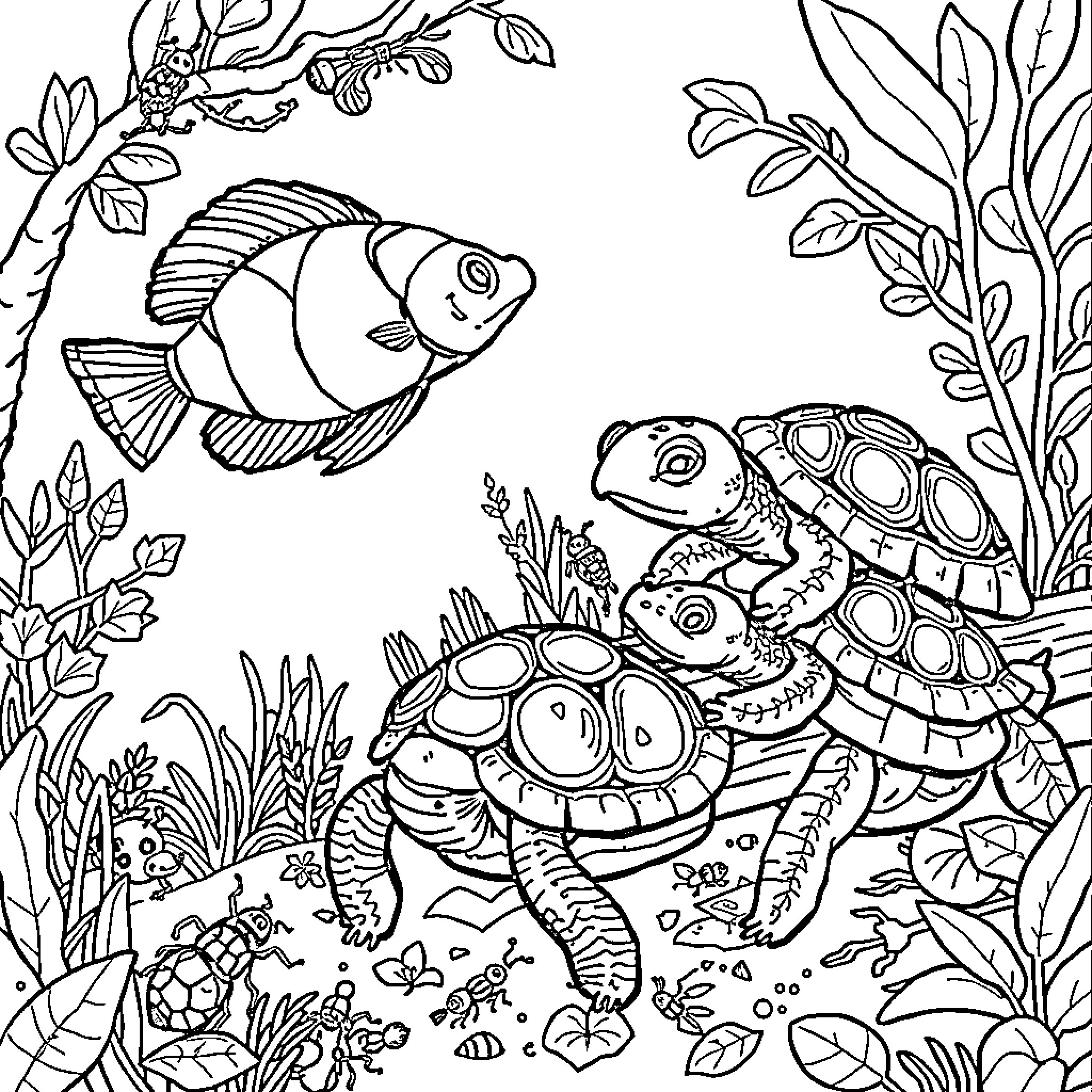 Bug Exploring Underwater Garden with Aquatic Creatures Coloring Page (free black-and-white line drawing printable PDF for all, from beginners to advanced learners, including children, teens, adults, and seniors)