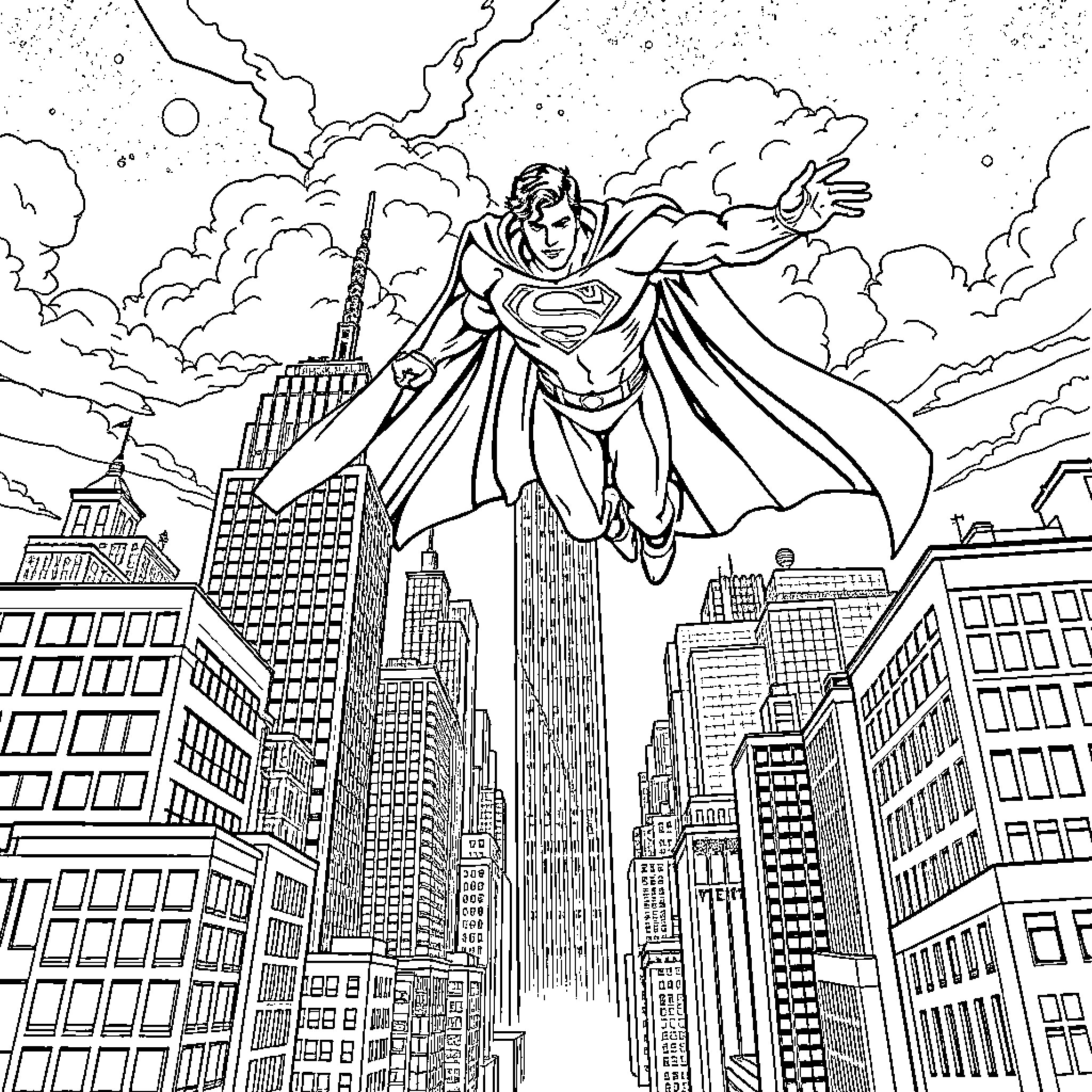 Superman soaring over the city in action Coloring Page (free black-and-white line drawing printable PDF for all, from beginners to advanced learners, including children, teens, adults, and seniors)