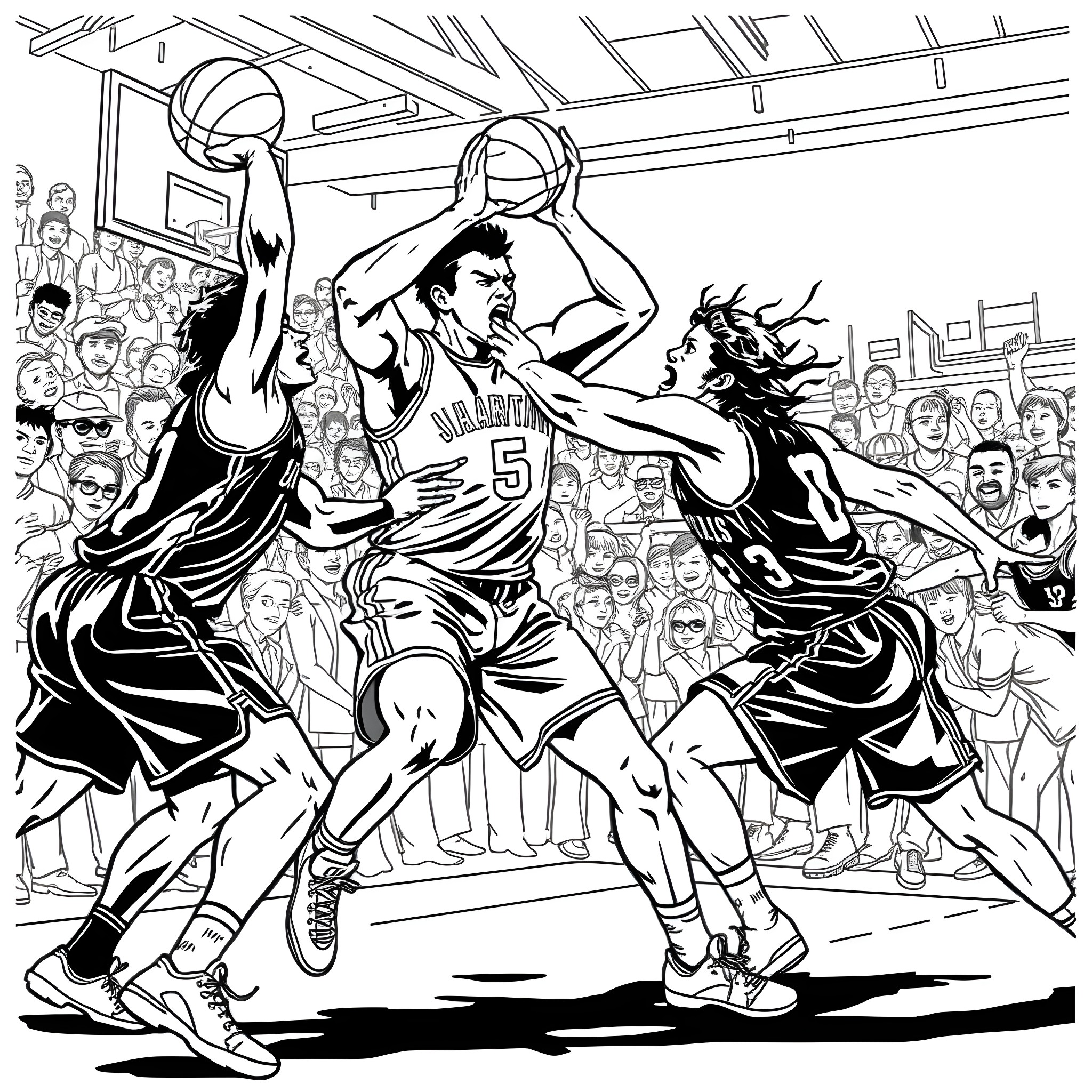 Brawler Basketball Showdown on the Court Coloring Page (free black-and-white line drawing printable PDF for all, from beginners to advanced learners, including children, teens, adults, and seniors)