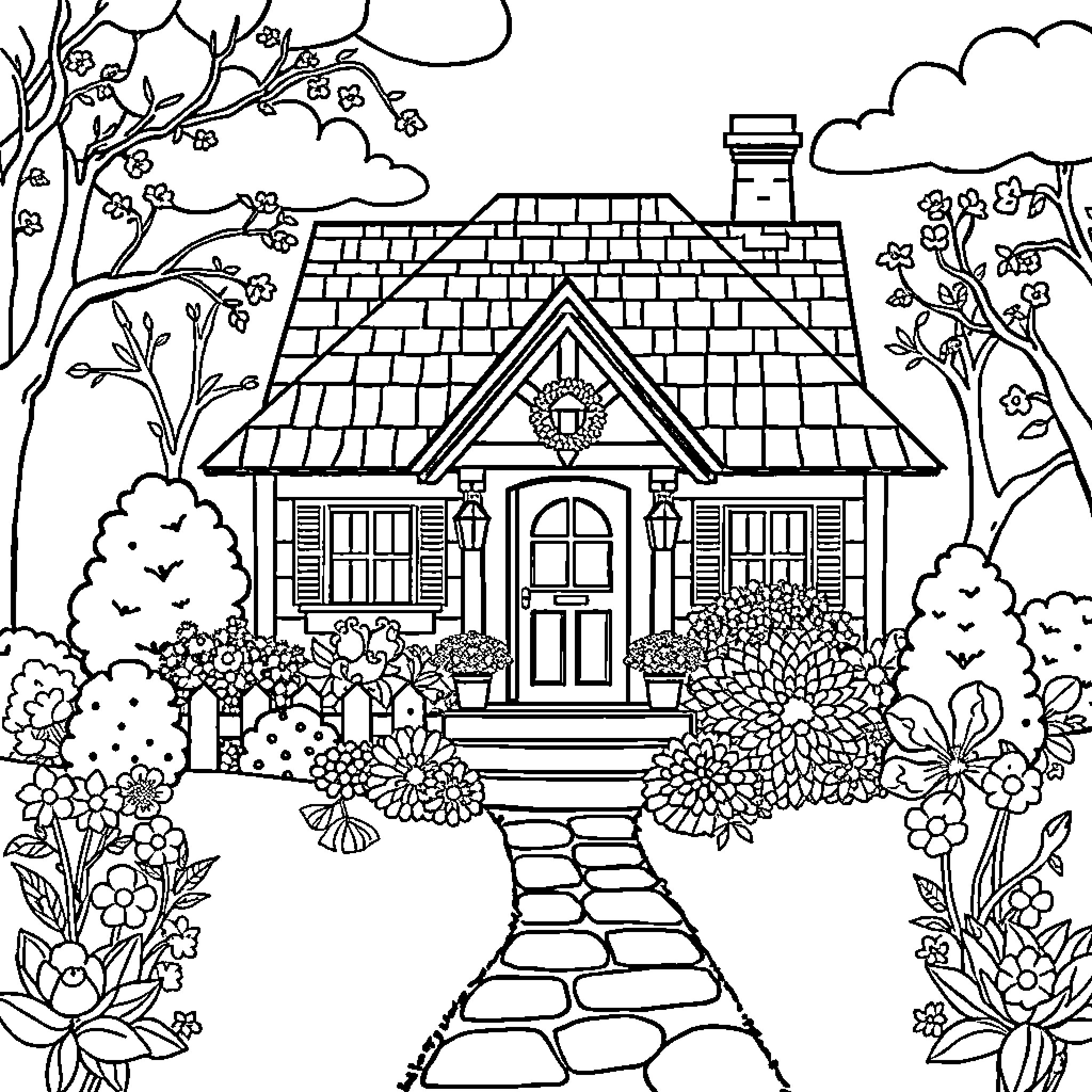 House surrounded by lush garden and floral path Coloring Page (free black-and-white line drawing printable PDF for all, from beginners to advanced learners, including children, teens, adults, and seniors)