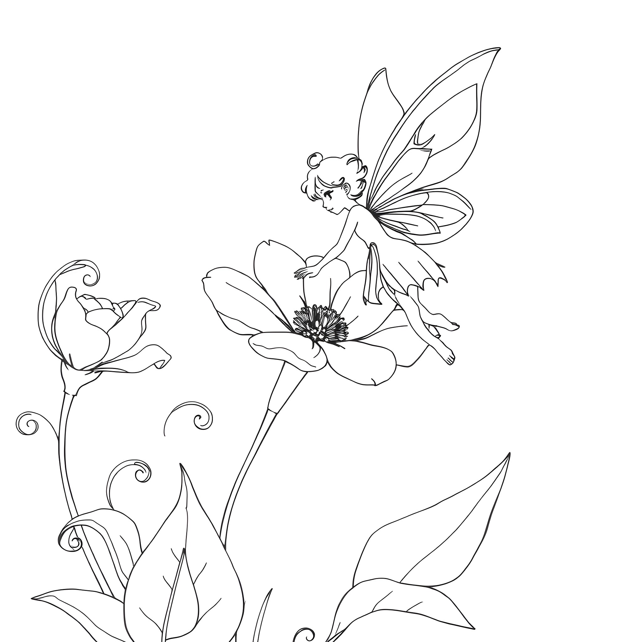 Fairy dancing gracefully on flower Coloring Page (free black-and-white line drawing printable PDF for all, from beginners to advanced learners, including children, teens, adults, and seniors)