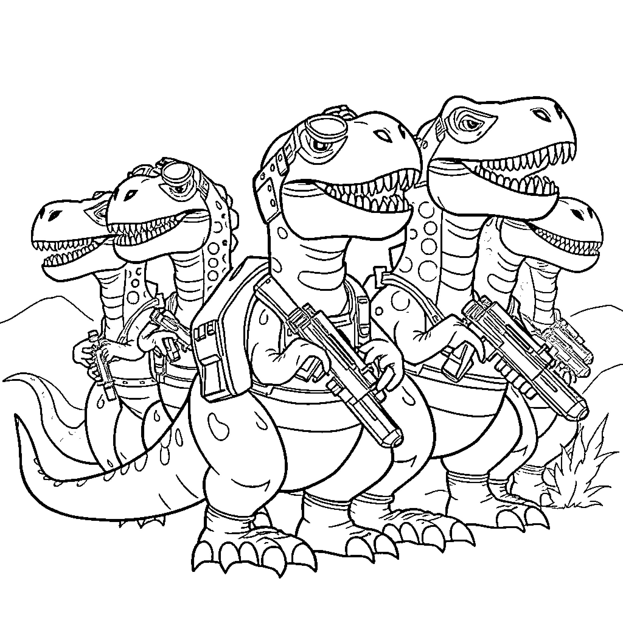 Dinosaurs in action-packed adventure Coloring Page (free black-and-white line drawing printable PDF for all, from beginners to advanced learners, including children, teens, adults, and seniors)
