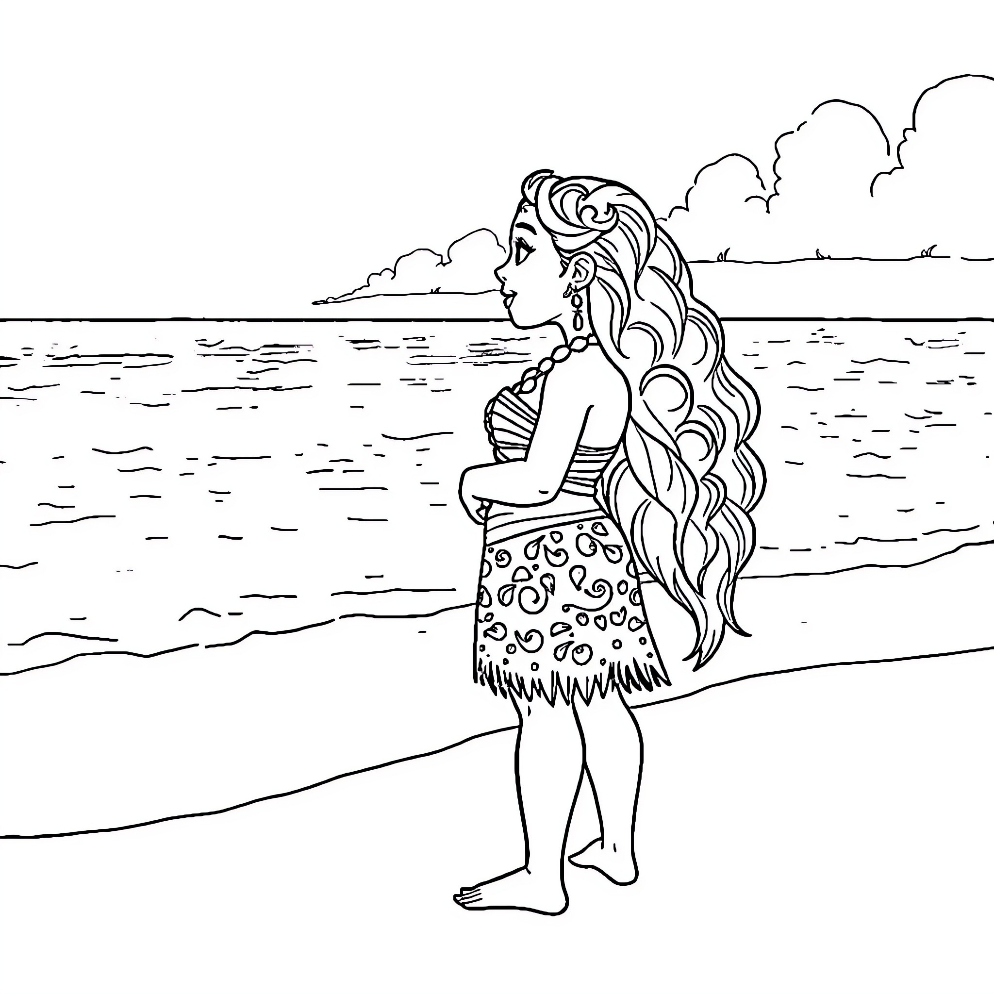 Moana walking along the beach Coloring Page (free black-and-white line drawing printable PDF for all, from beginners to advanced learners, including children, teens, adults, and seniors)