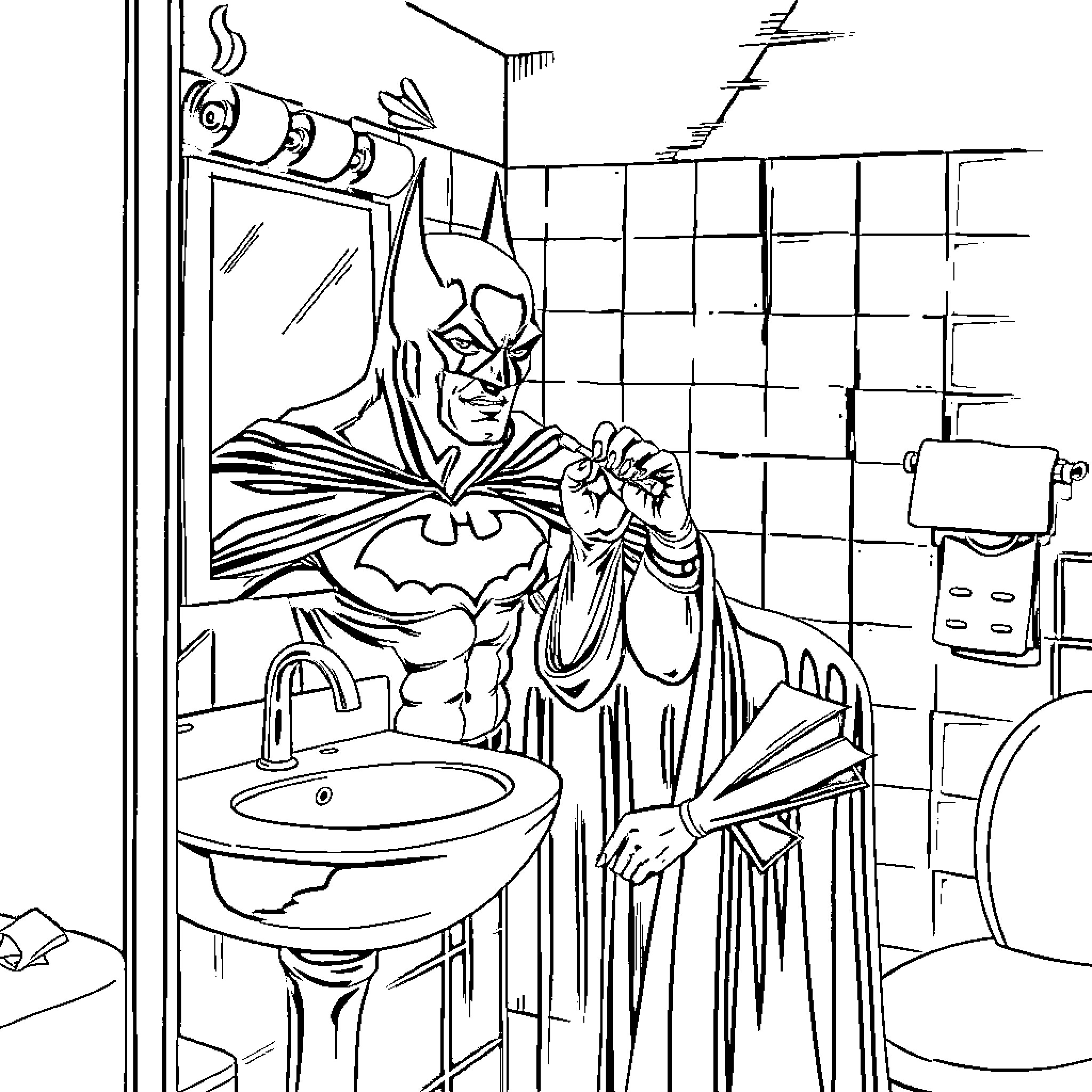 Batman cleaning up in a public bathroom Coloring Page (free black-and-white line drawing printable PDF for all, from beginners to advanced learners, including children, teens, adults, and seniors)