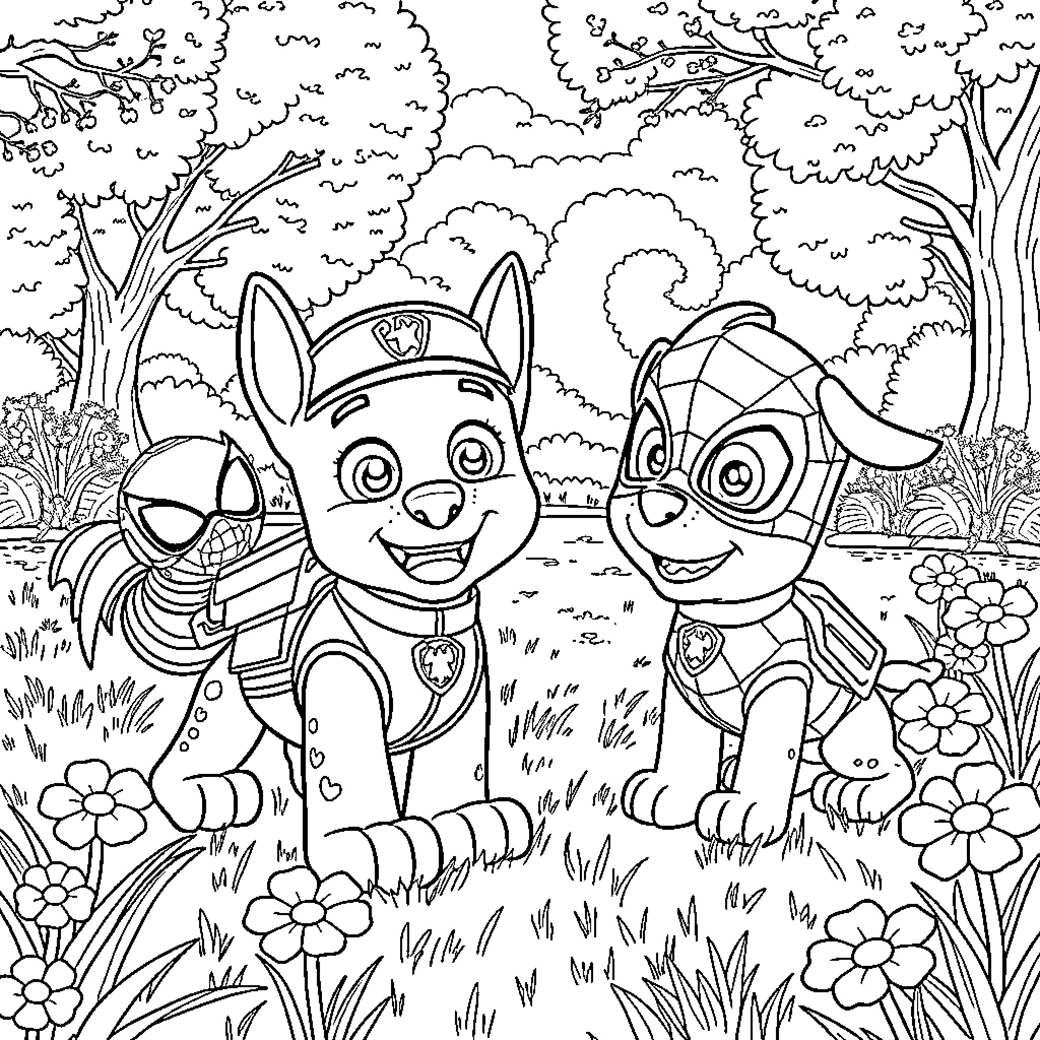 Chase through the Enchanted Forest Coloring Page (free black-and-white line drawing printable PDF for all, from beginners to advanced learners, including children, teens, adults, and seniors)