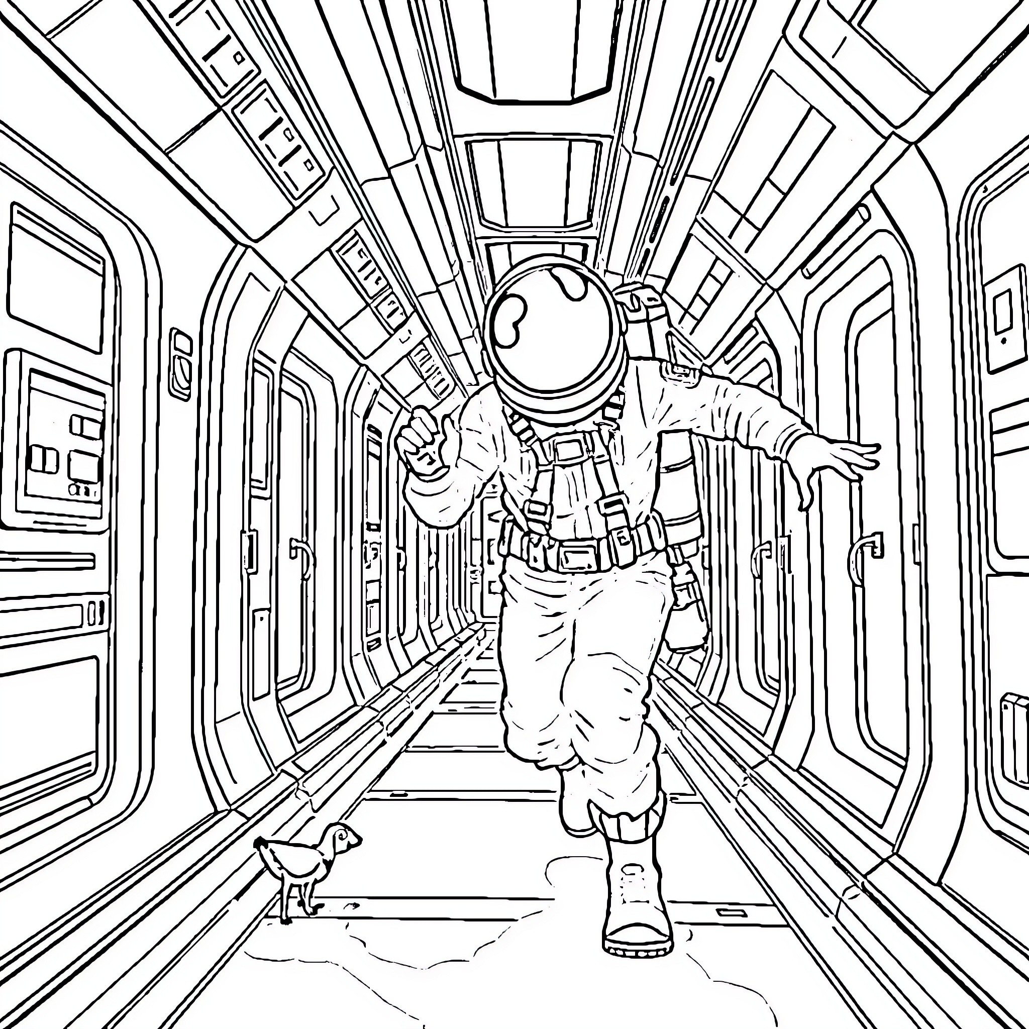 Among Us Astronaut in Space Shuttle Tunnel Coloring Page (free black-and-white line drawing printable PDF for all, from beginners to advanced learners, including children, teens, adults, and seniors)