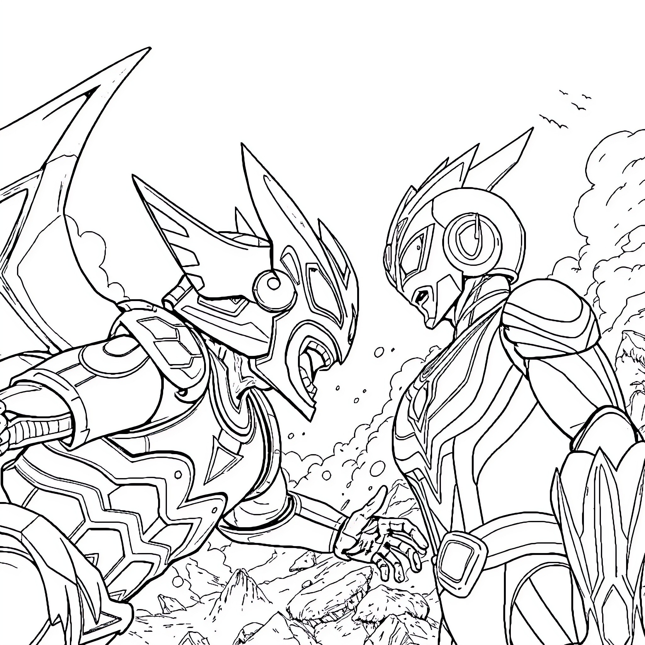 Gatotkaca vs Ultraman: Heroic Clash of Titans Coloring Page (free black-and-white line drawing printable PDF for all, from beginners to advanced learners, including children, teens, adults, and seniors)