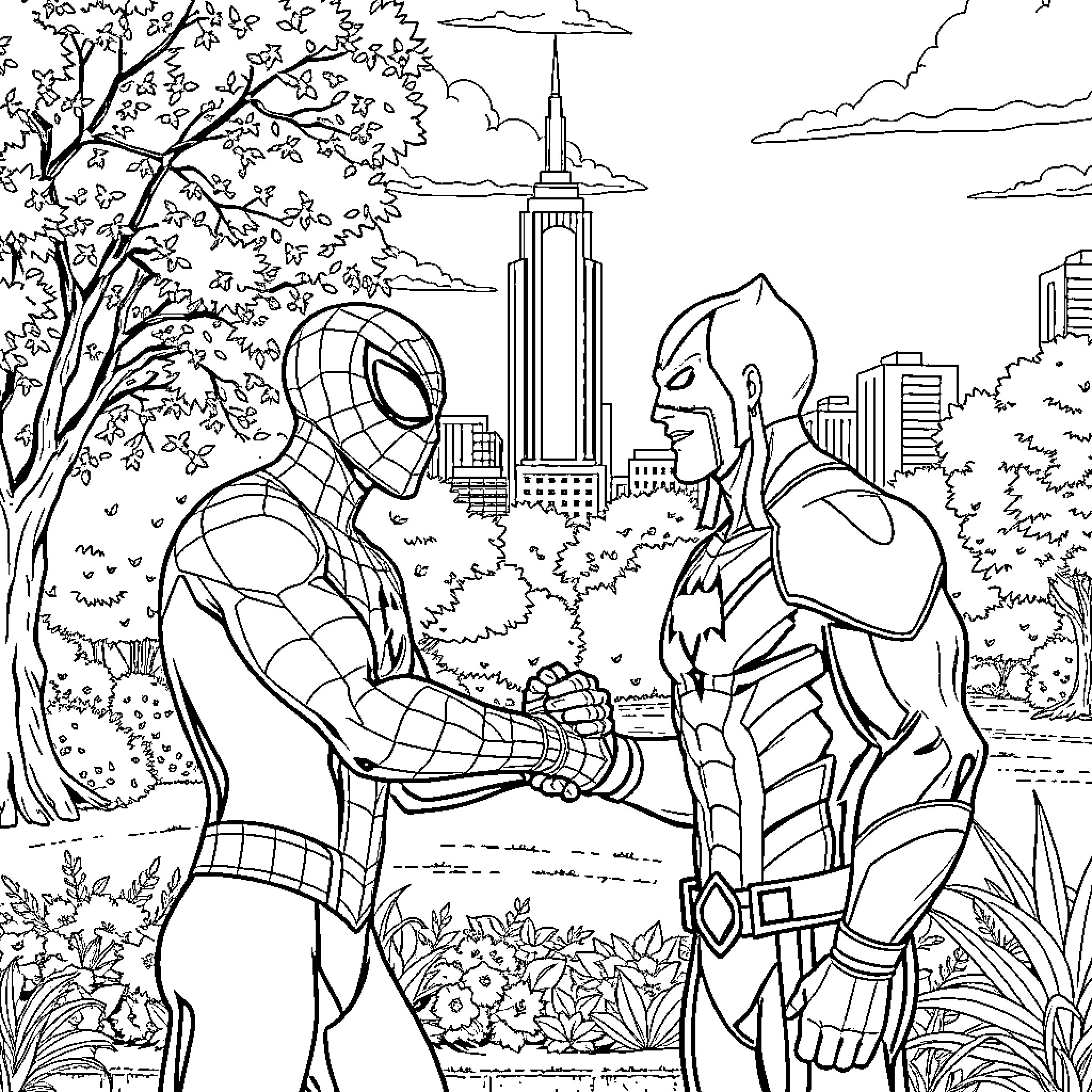 Spiderman confronts a superhero in the city Coloring Page (free black-and-white line drawing printable PDF for all, from beginners to advanced learners, including children, teens, adults, and seniors)
