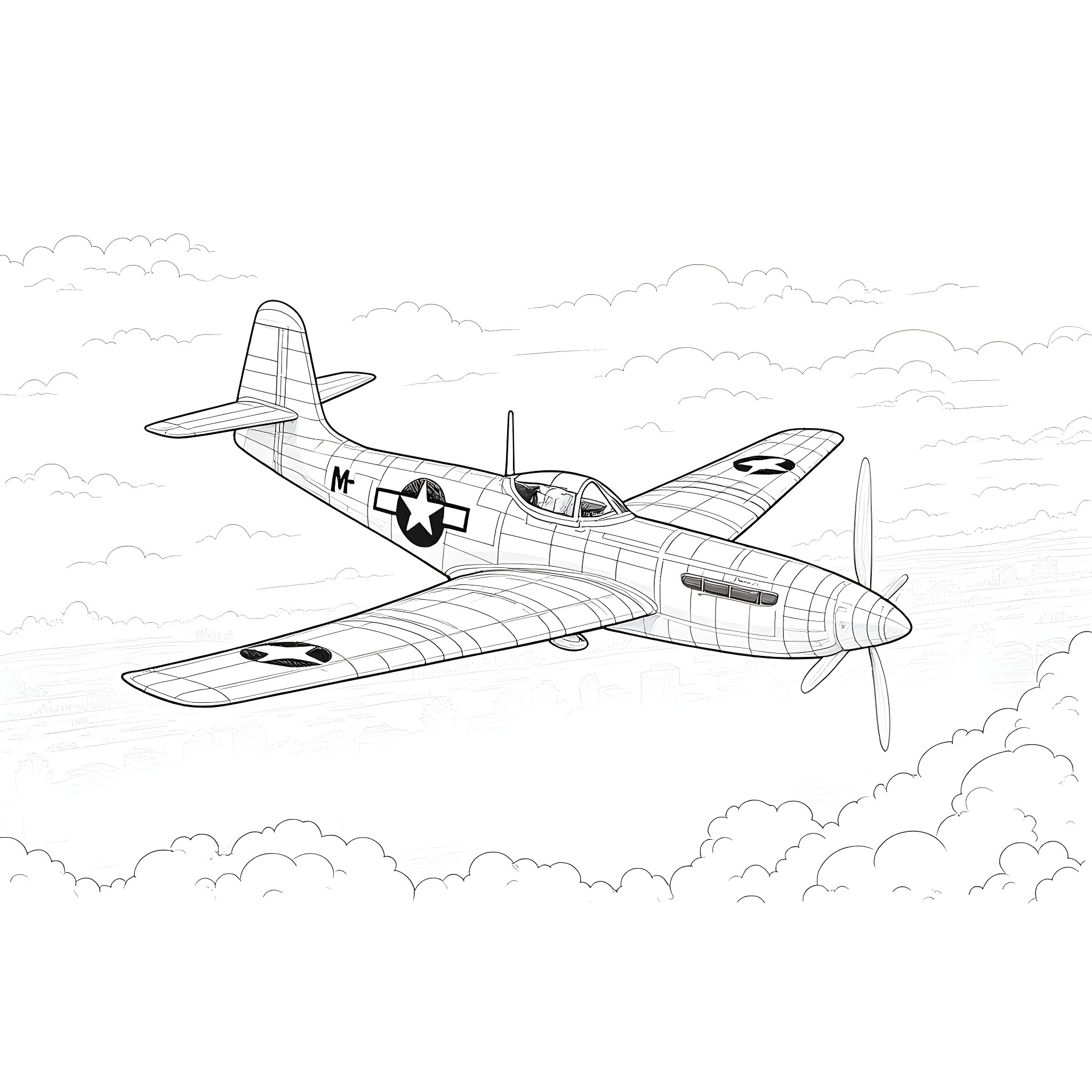 P-51 Mustang Fighter Plane in Flight Coloring Page (free black-and-white line drawing printable PDF for all, from beginners to advanced learners, including children, teens, adults, and seniors)