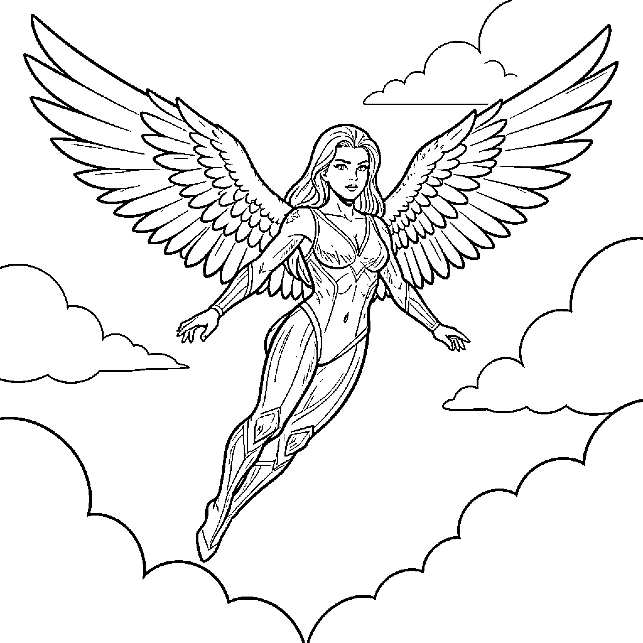 Iron Man superhero with majestic wings soars in the sky Coloring Page (free black-and-white line drawing printable PDF for all, from beginners to advanced learners, including children, teens, adults, and seniors)