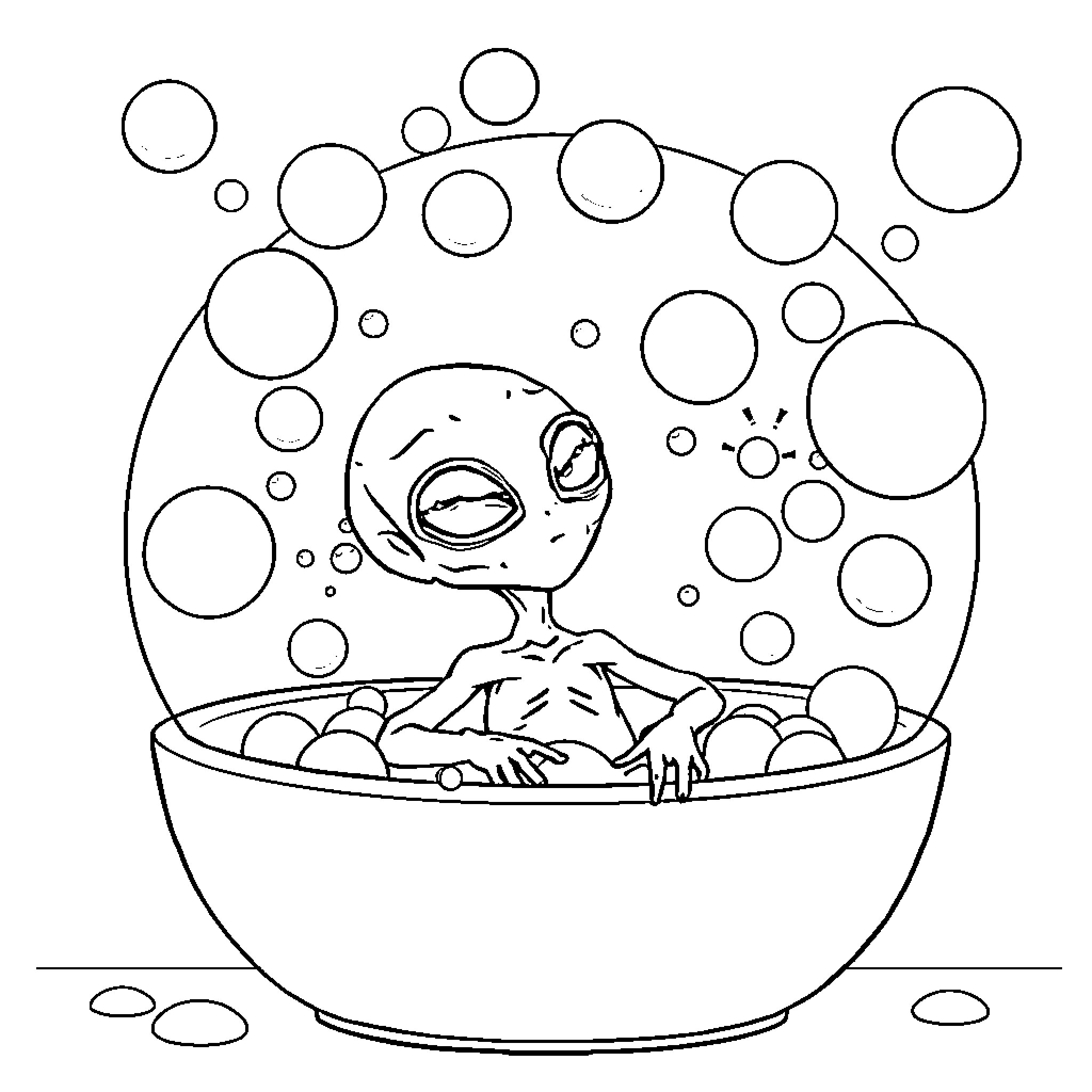 Alien bathing happily in a tub of bubbles Coloring Page (free black-and-white line drawing printable PDF for all, from beginners to advanced learners, including children, teens, adults, and seniors)